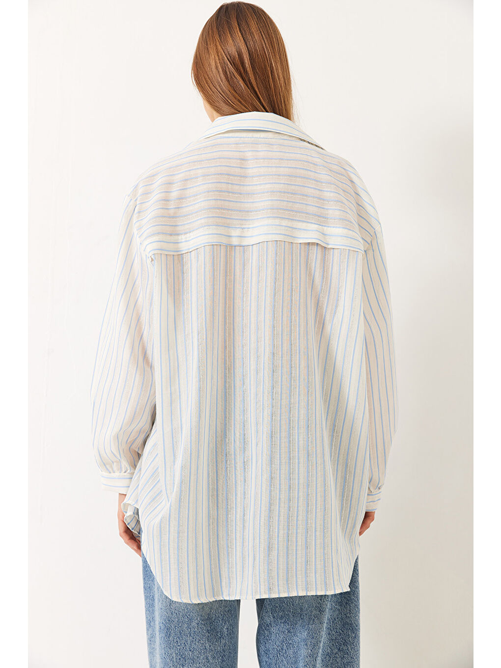 Mavi Kadın Parlak Çizgili Pamuk Oversize Gömlek-7
