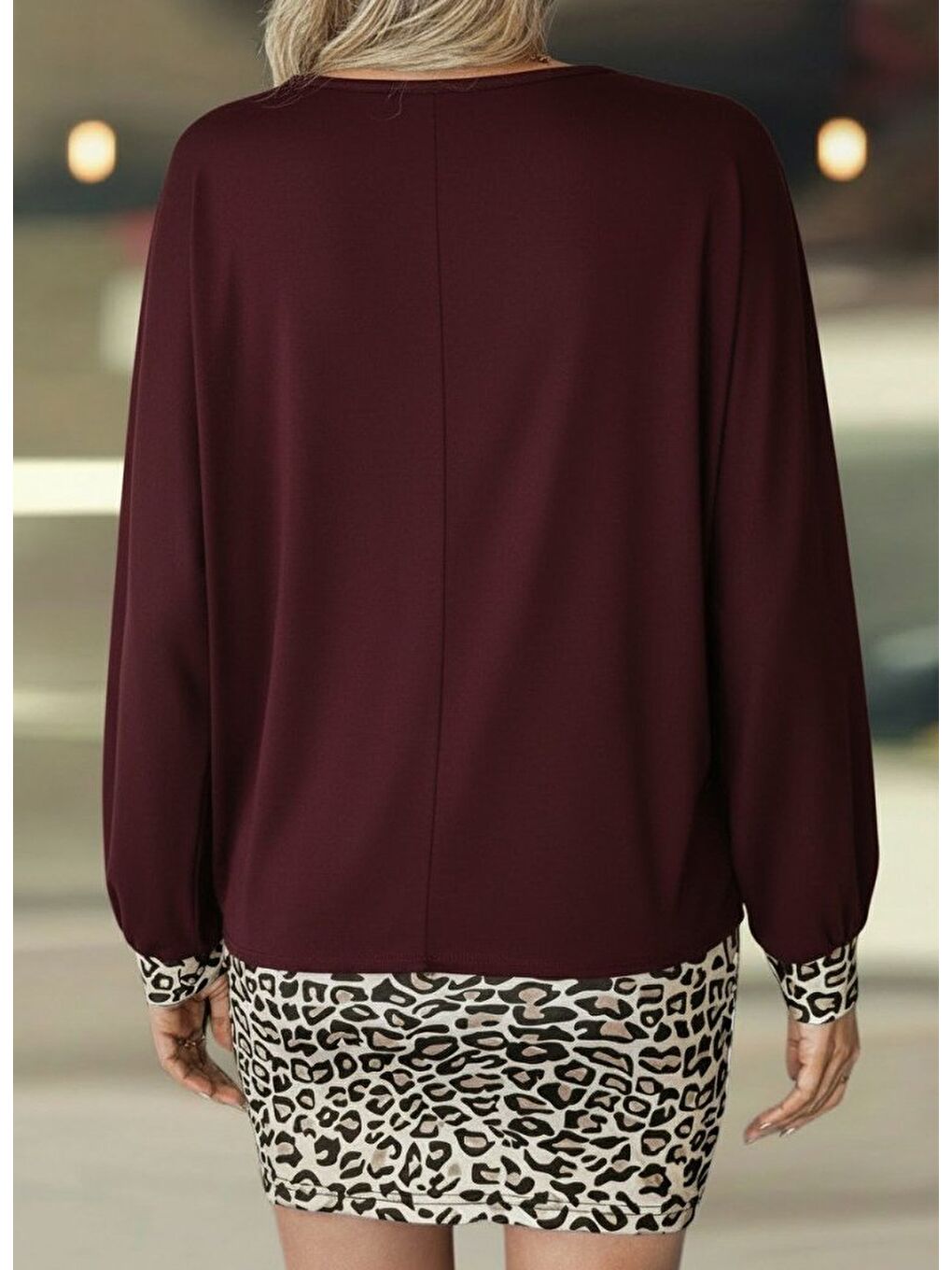 Bordo Kadın Uzun Kollu Bisiklet Yaka üst Viskon Iki Iplik Alt Leopar Desenli Mini Elbise-3