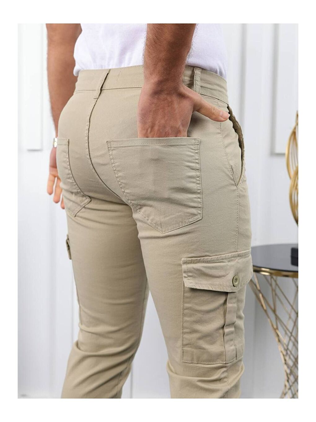 Bej ERKEK KÖRÜKLÜ JOGGER PAÇA LASTİKSİZ PANTOLON-5