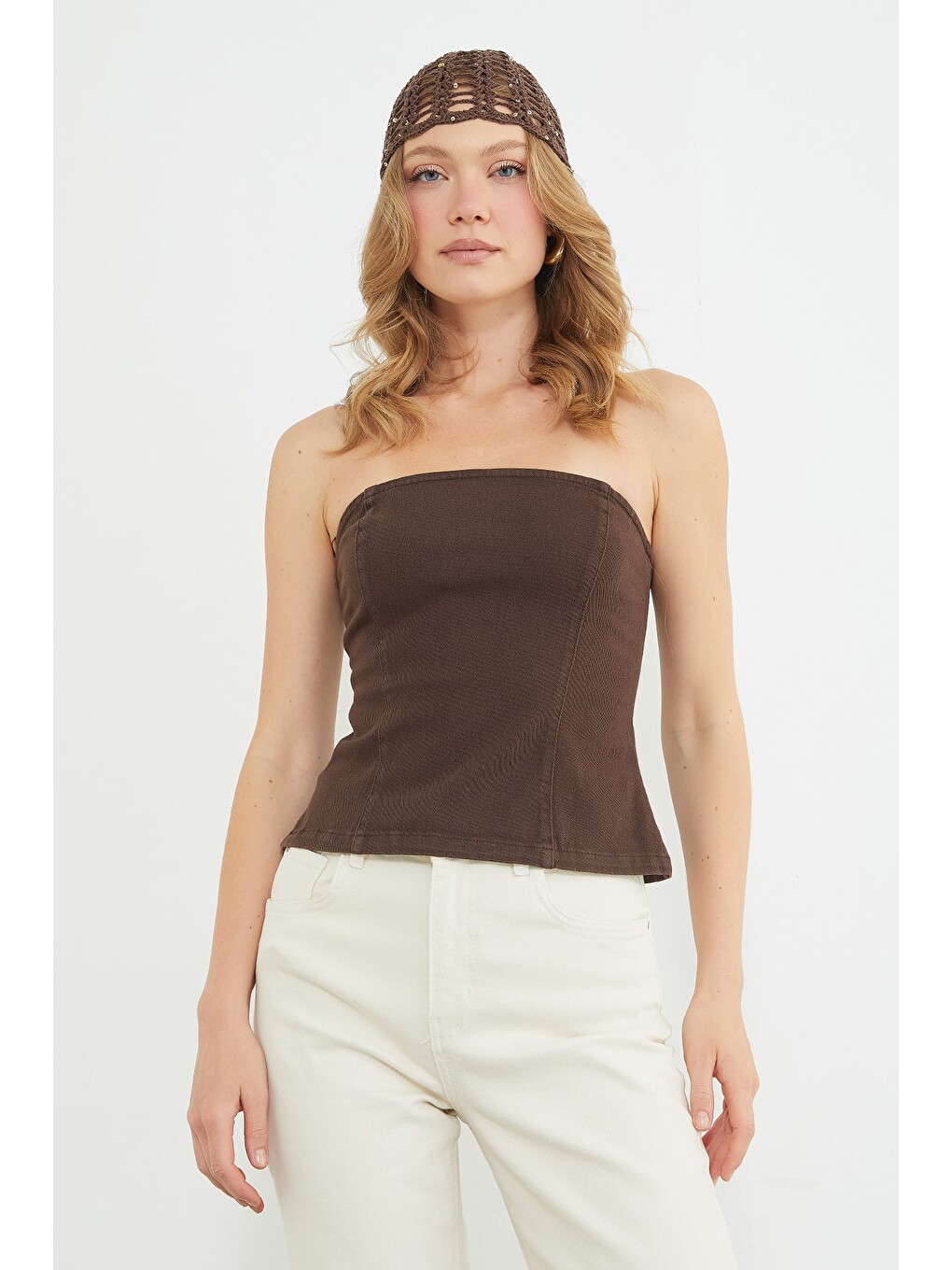 Kahverengi Straplez Fermuarlı Peplum Bluz-1