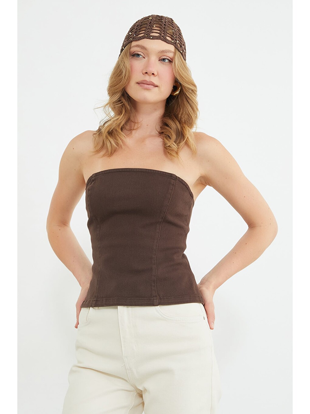 Kahverengi Straplez Fermuarlı Peplum Bluz-3