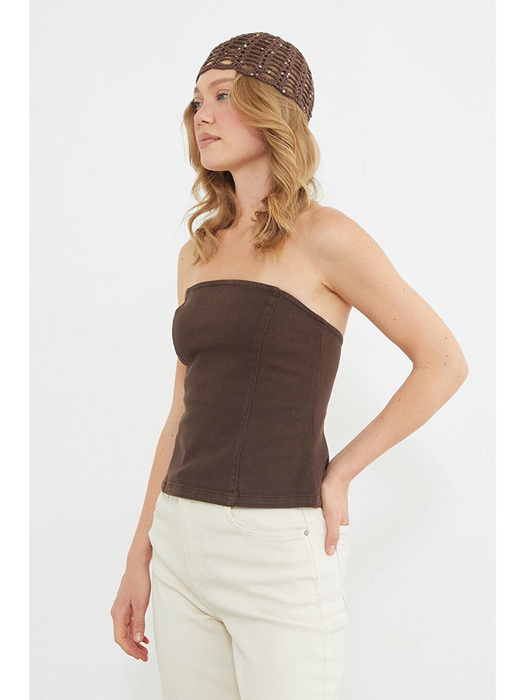 Kahverengi Straplez Fermuarlı Peplum Bluz-4