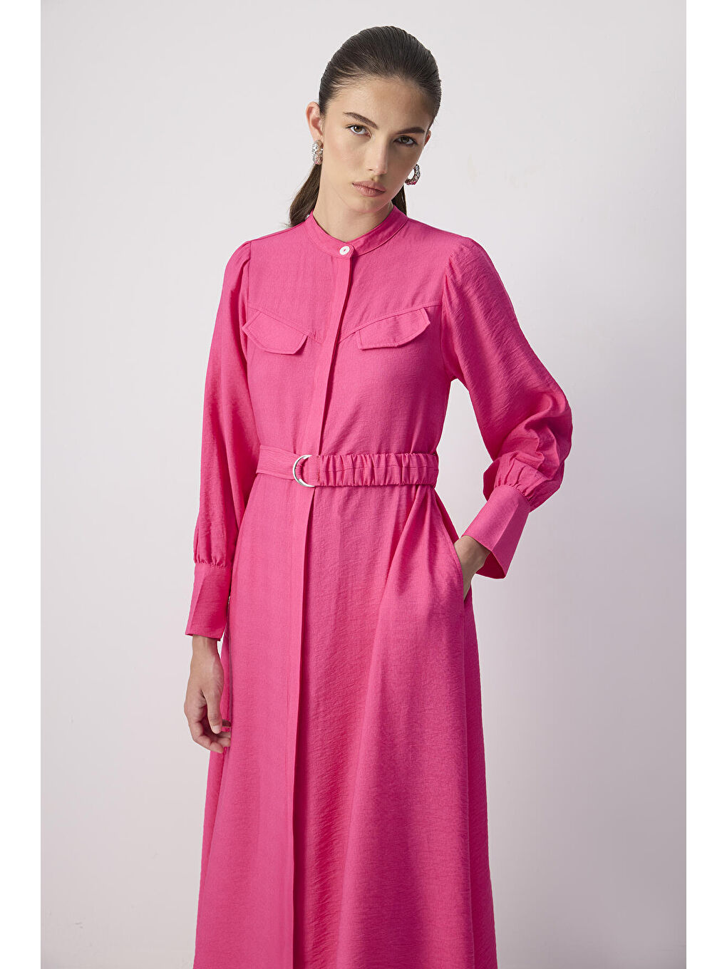 Fuşya Kemerli Viskon Elbise-1