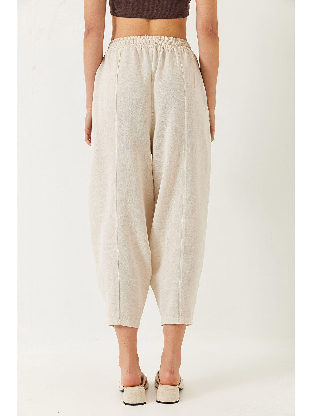 Bej Kadın Beli Lastikli Cep Detaylı Şalvar Kesim Pantolon-7