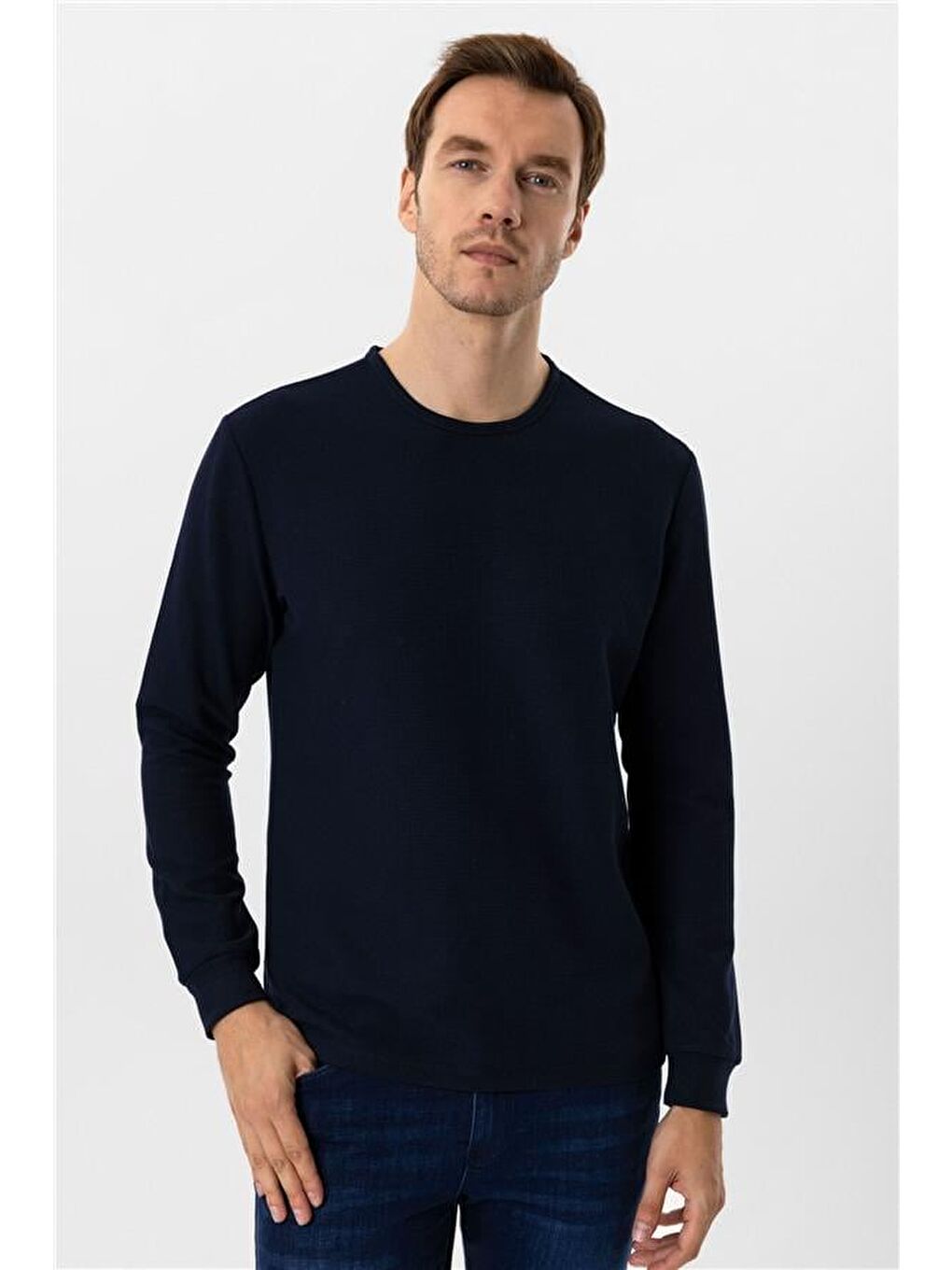 Lacivert Slim Armürlü Bisiklet Yaka Sweatshirt