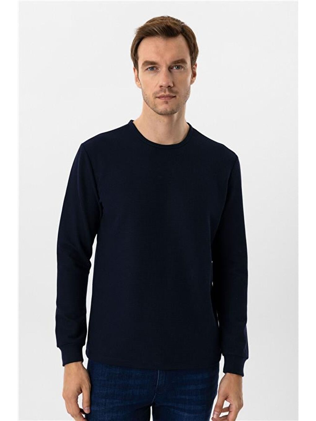 Lacivert Slim Armürlü Bisiklet Yaka Sweatshirt-1