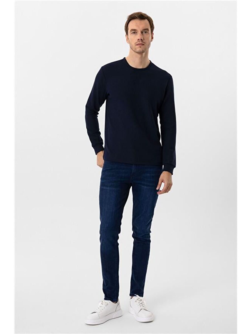 Lacivert Slim Armürlü Bisiklet Yaka Sweatshirt-2