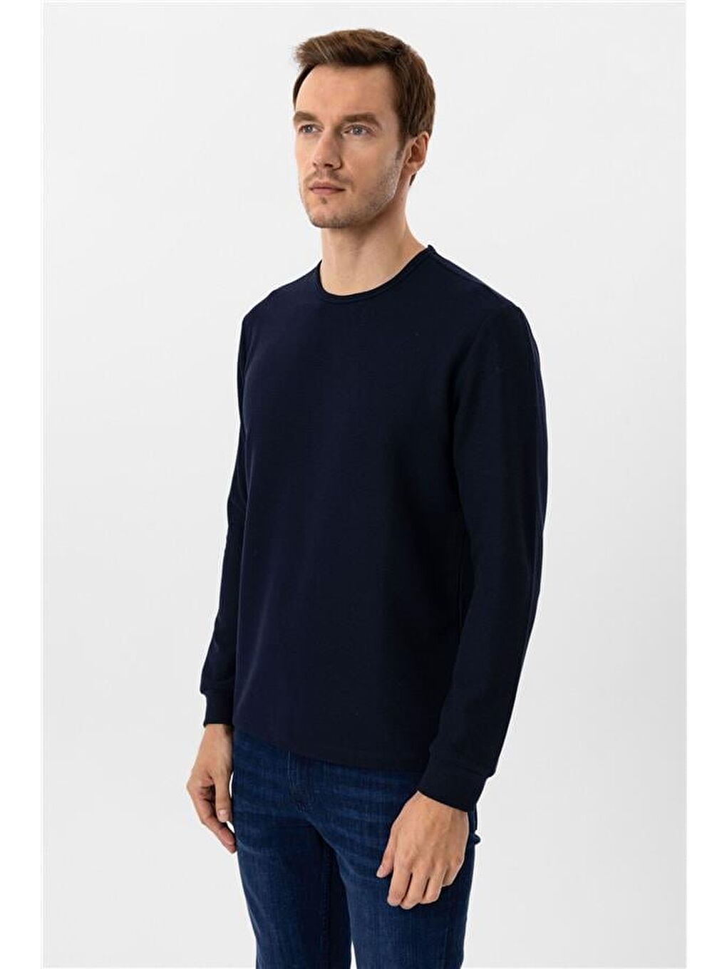 Lacivert Slim Armürlü Bisiklet Yaka Sweatshirt-3