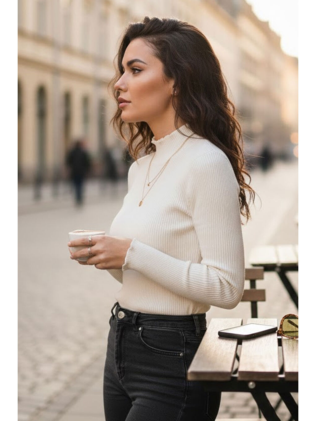 Ekru Kadın Krem Yarım Balıkçı Detaylı Triko Kazak-1