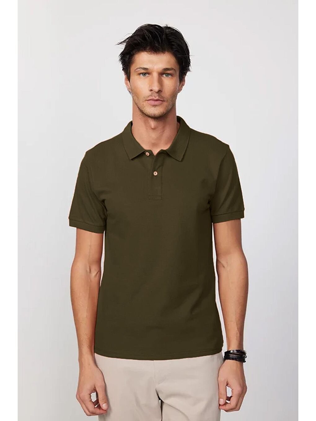 Erkek Regular Fit Klasik Kesim %100 Pamuk Düz Pike Haki Polo Yaka Tişört