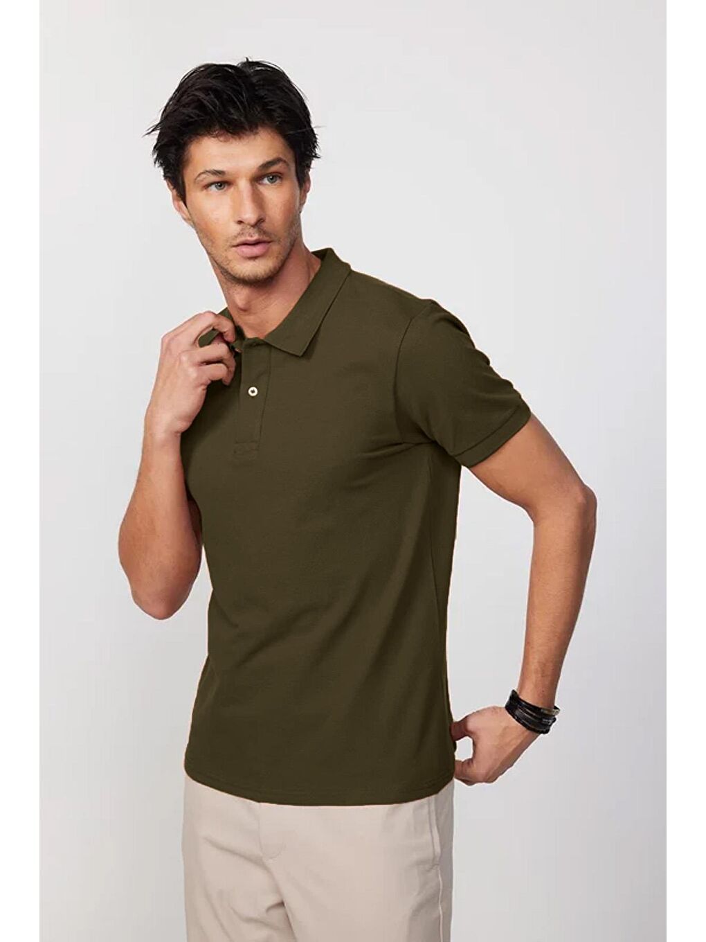 Erkek Regular Fit Klasik Kesim %100 Pamuk Düz Pike Haki Polo Yaka Tişört-1