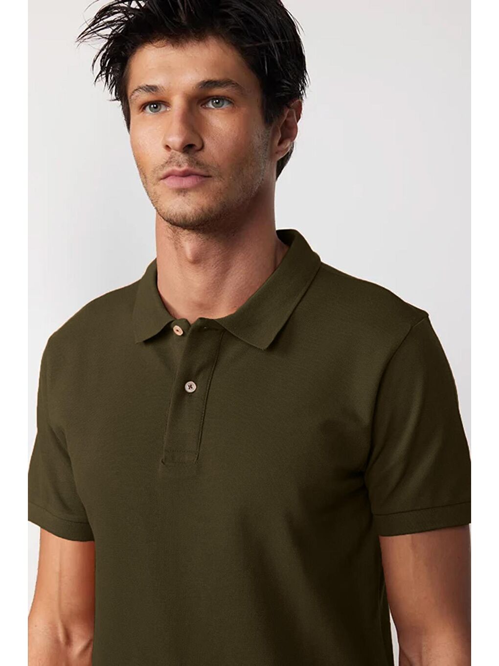 Erkek Regular Fit Klasik Kesim %100 Pamuk Düz Pike Haki Polo Yaka Tişört-3
