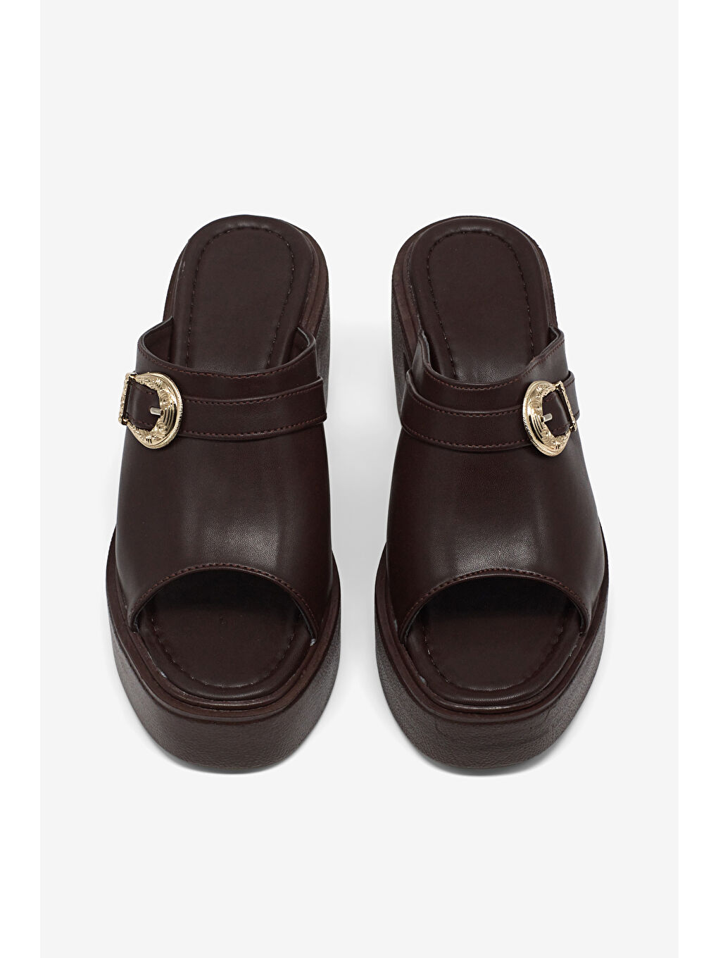 Kahverengi Kadın Kahve Yüksek Tabanlı Rahat Tokalı Terlik-1