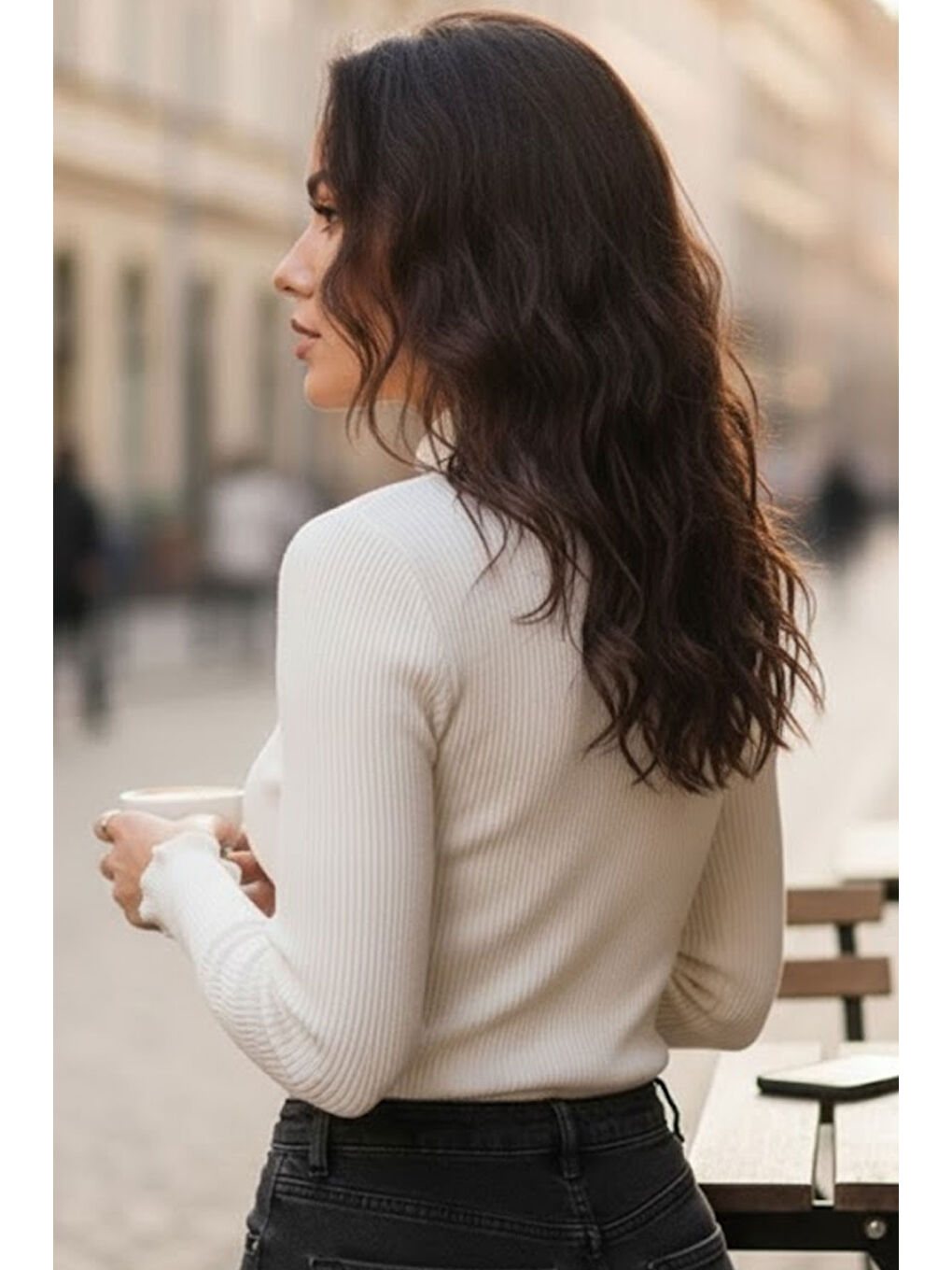 Ekru Kadın Krem Yarım Balıkçı Detaylı Triko Kazak-3