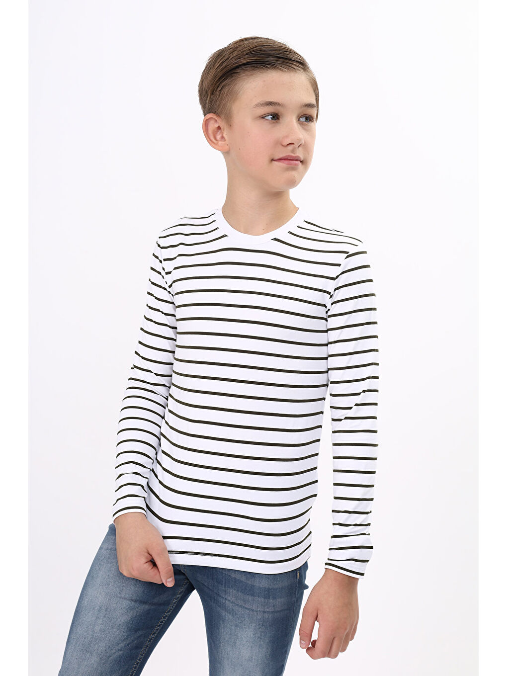 Haki Unisex Çocuk Çizgili Tişört