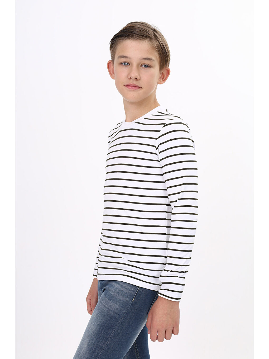 Haki Unisex Çocuk Çizgili Tişört-1