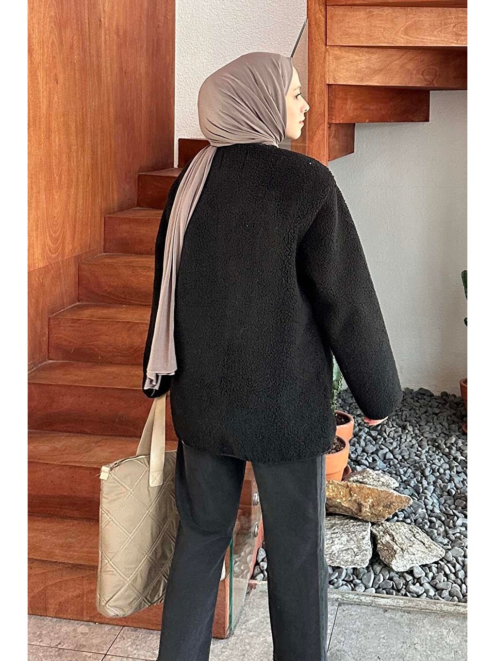 Teddy Düğmeli Çoban Mont Siyah-3