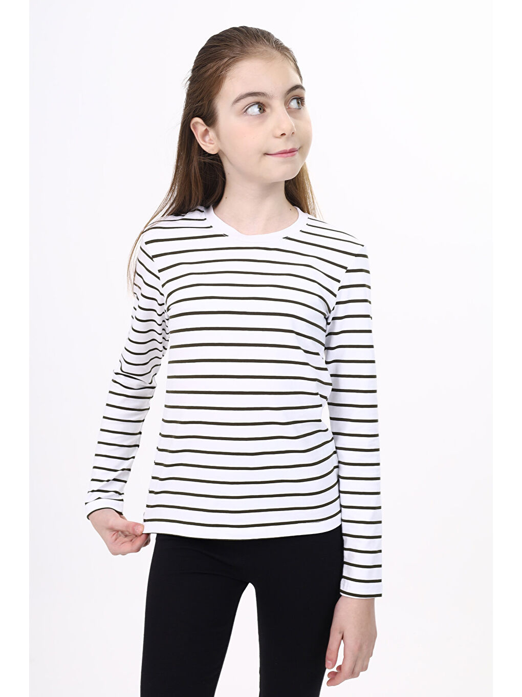 Haki Unisex Çocuk Çizgili Tişört-4