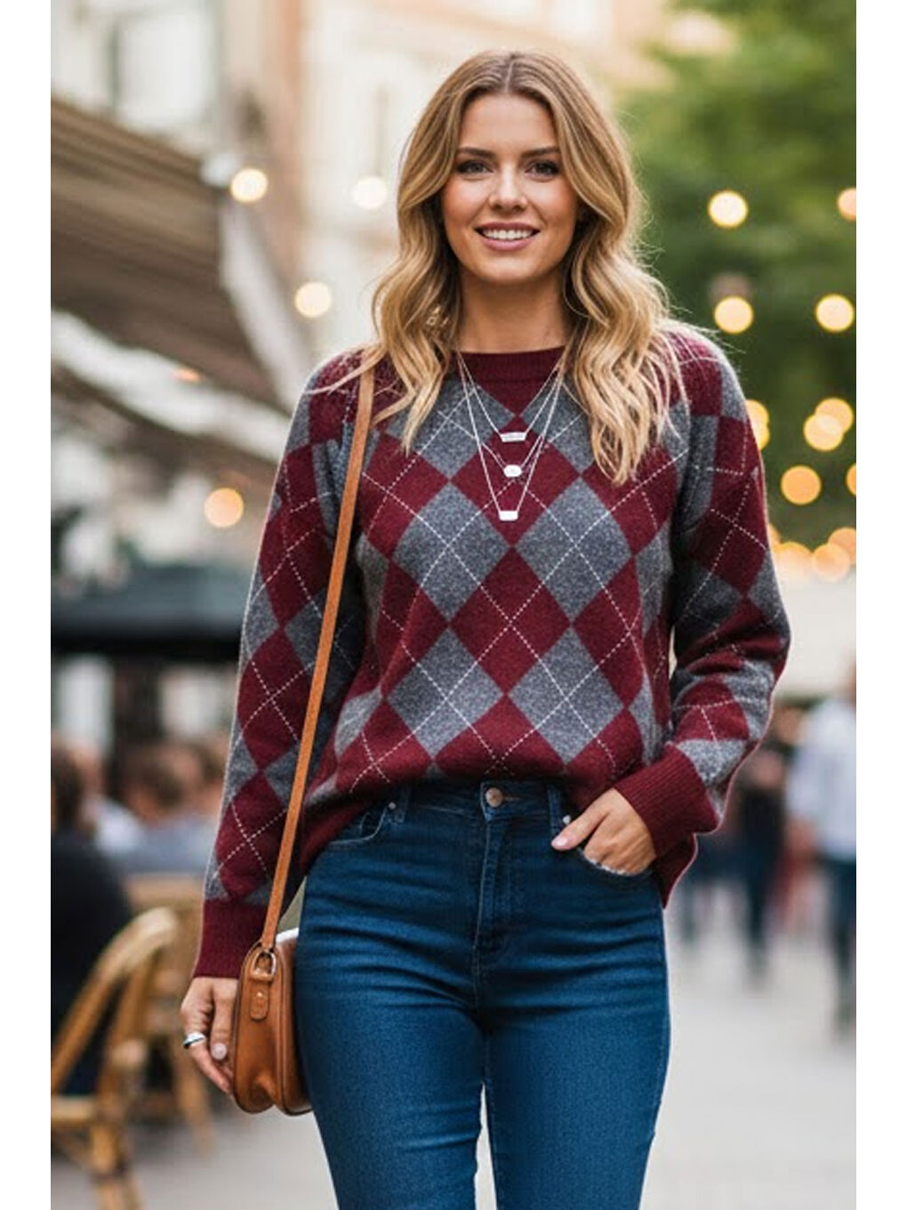 Kadın Bordo Yumuşak Dokulu Geniş Kalıp Bisiklet Yaka Baklava Triko Kazak