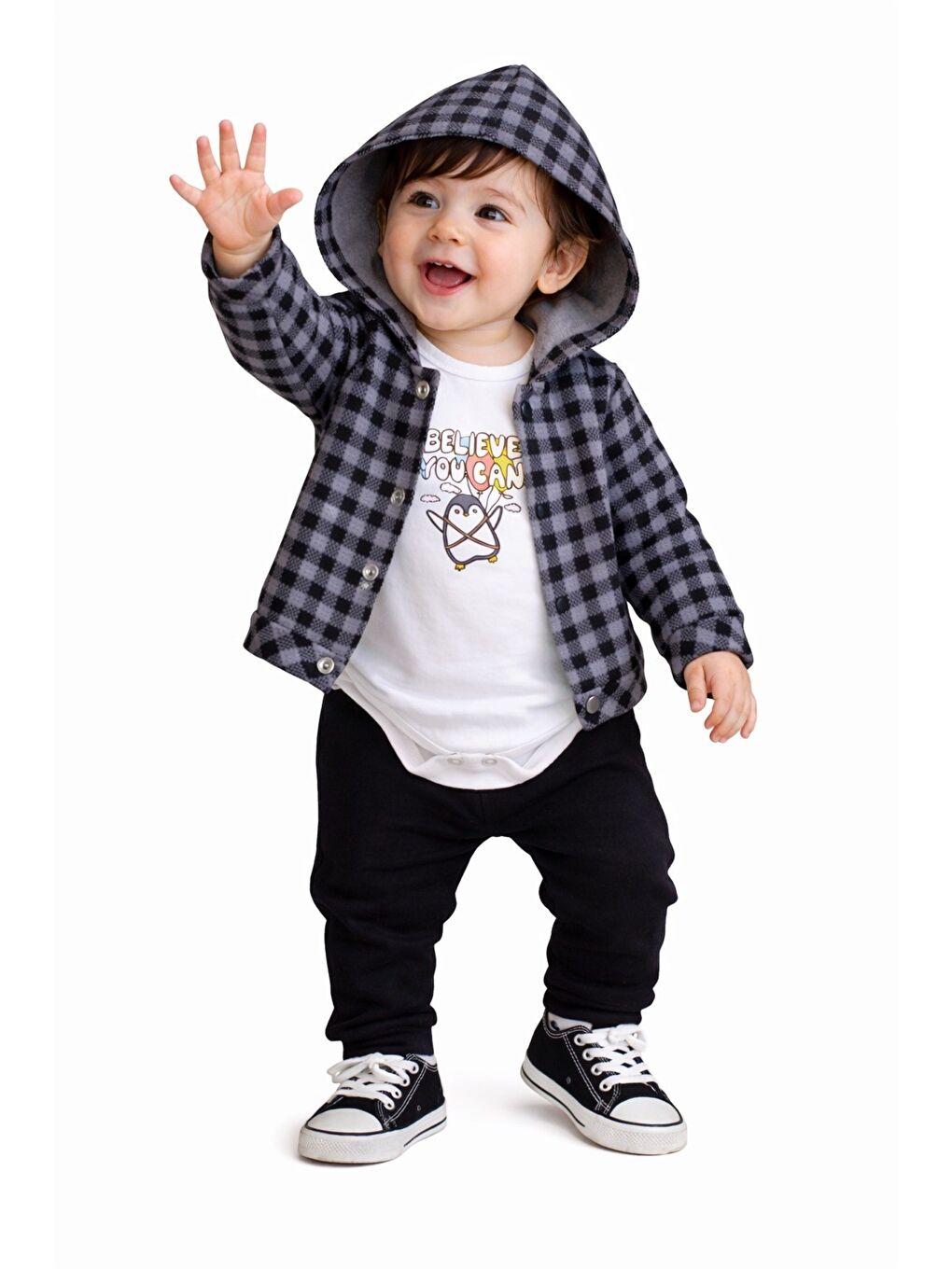 Siyah Erkek Bebek Kapüşonlu Kareli Gömlek Ceket Baskılı Tişörtlü zıbın Eşofman Altlı 3lü Takım-1