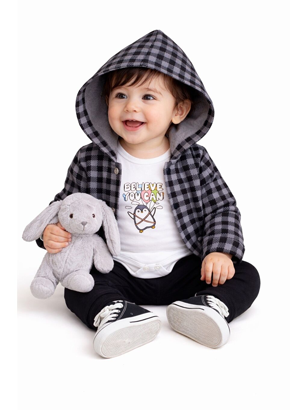 Siyah Erkek Bebek Kapüşonlu Kareli Gömlek Ceket Baskılı Tişörtlü zıbın Eşofman Altlı 3lü Takım-2