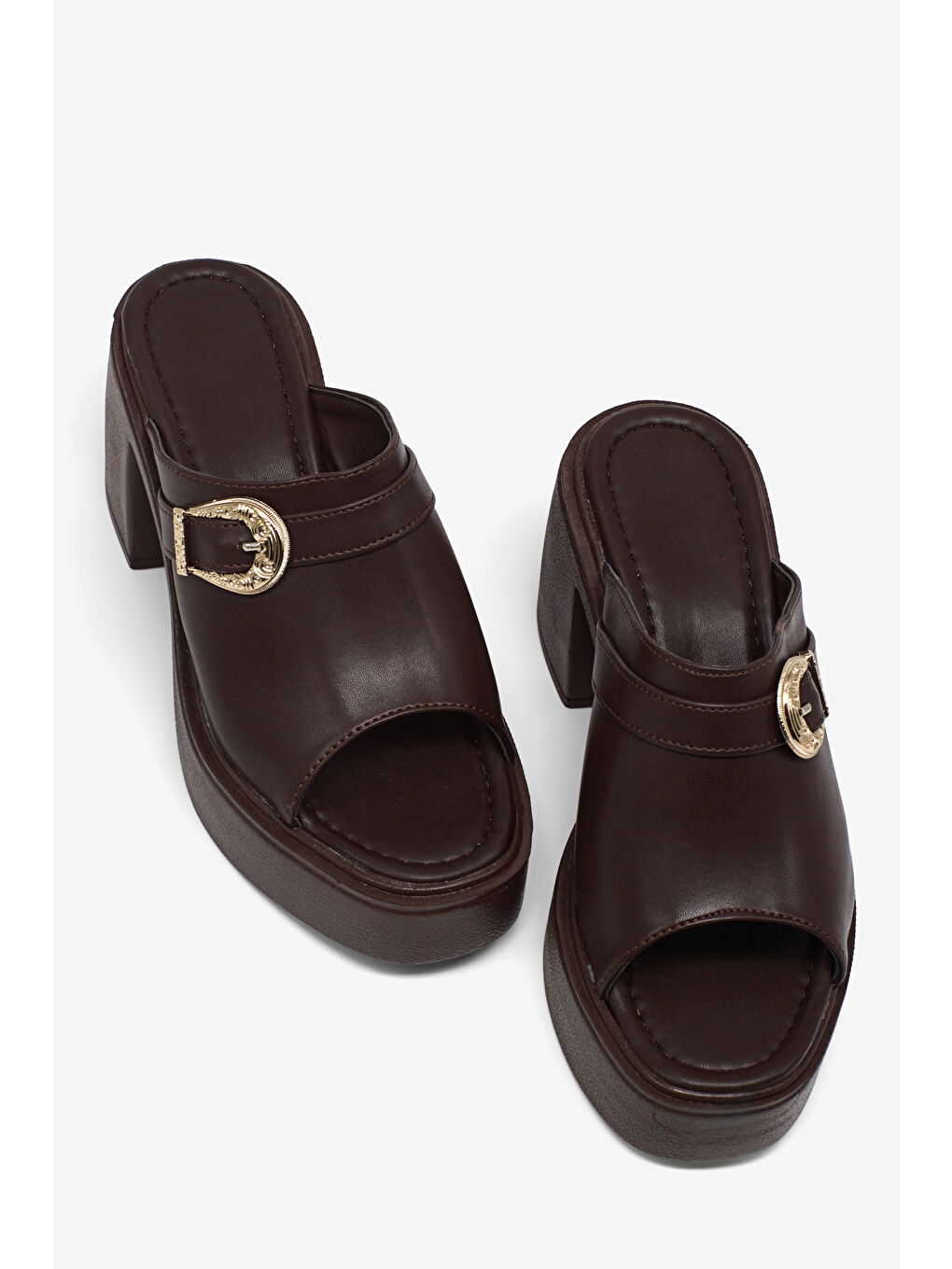 Kahverengi Kadın Kahve Yüksek Tabanlı Rahat Tokalı Terlik-2