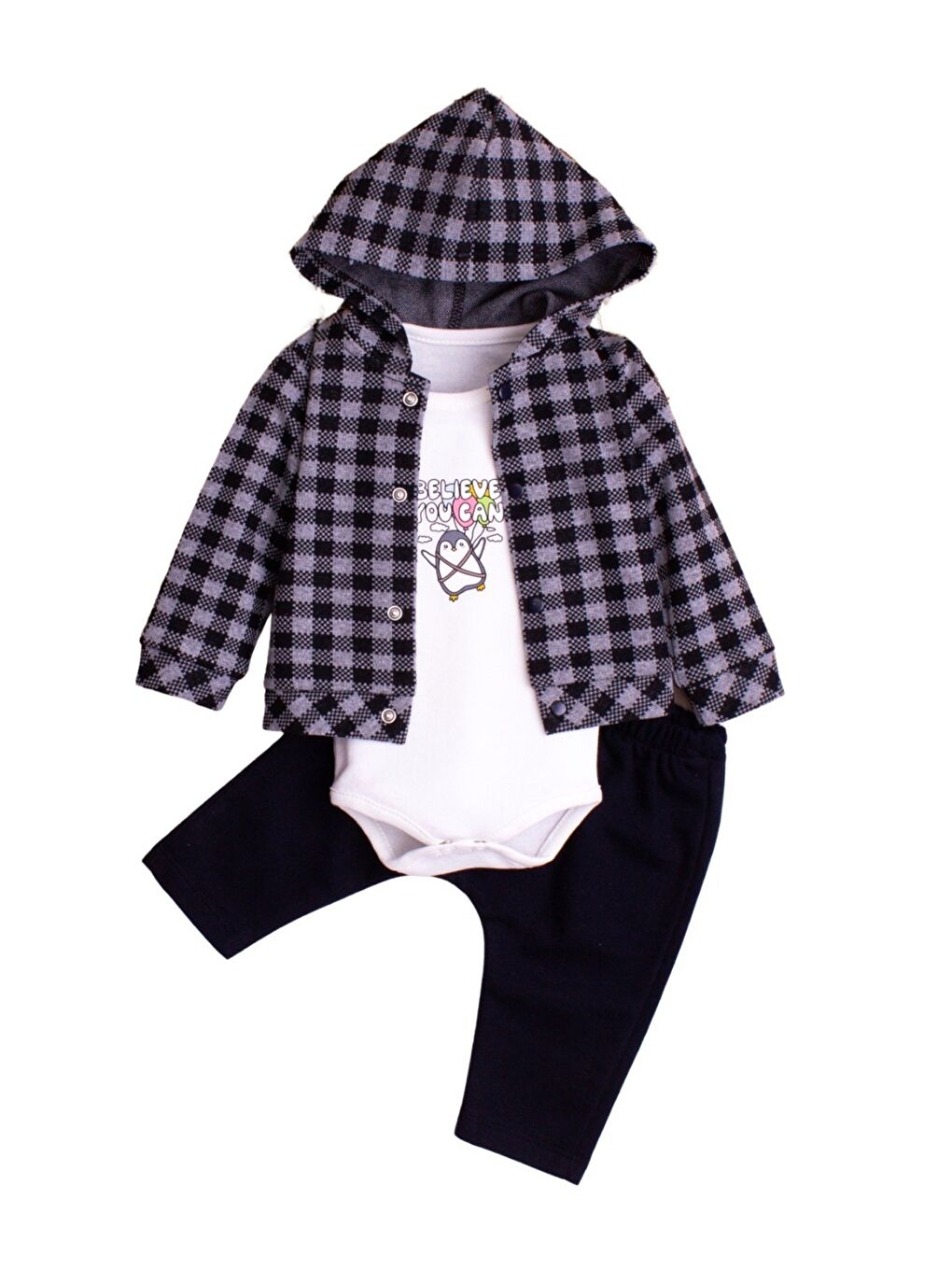 Siyah Erkek Bebek Kapüşonlu Kareli Gömlek Ceket Baskılı Tişörtlü zıbın Eşofman Altlı 3lü Takım-3