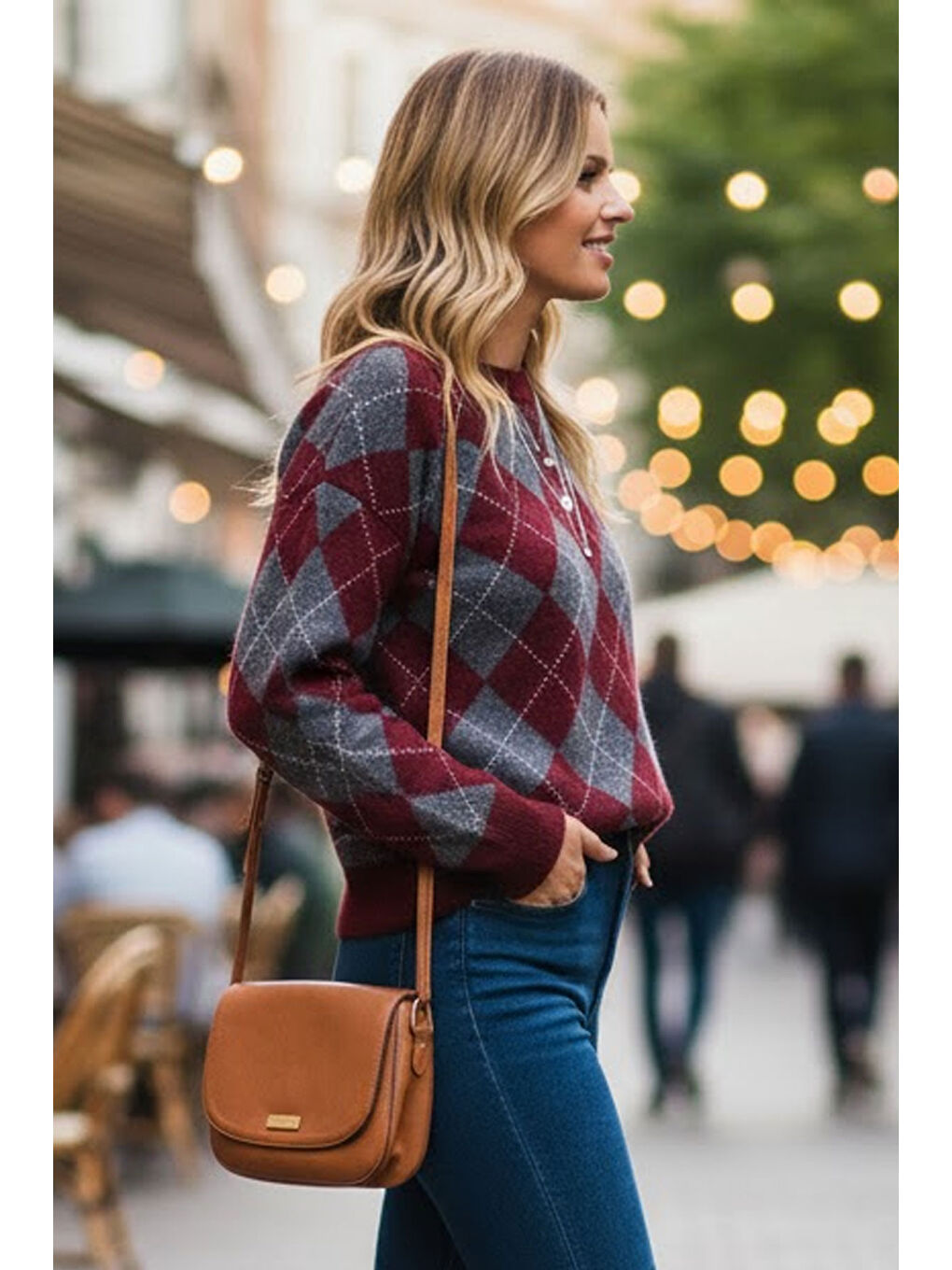 Kadın Bordo Yumuşak Dokulu Geniş Kalıp Bisiklet Yaka Baklava Triko Kazak-1