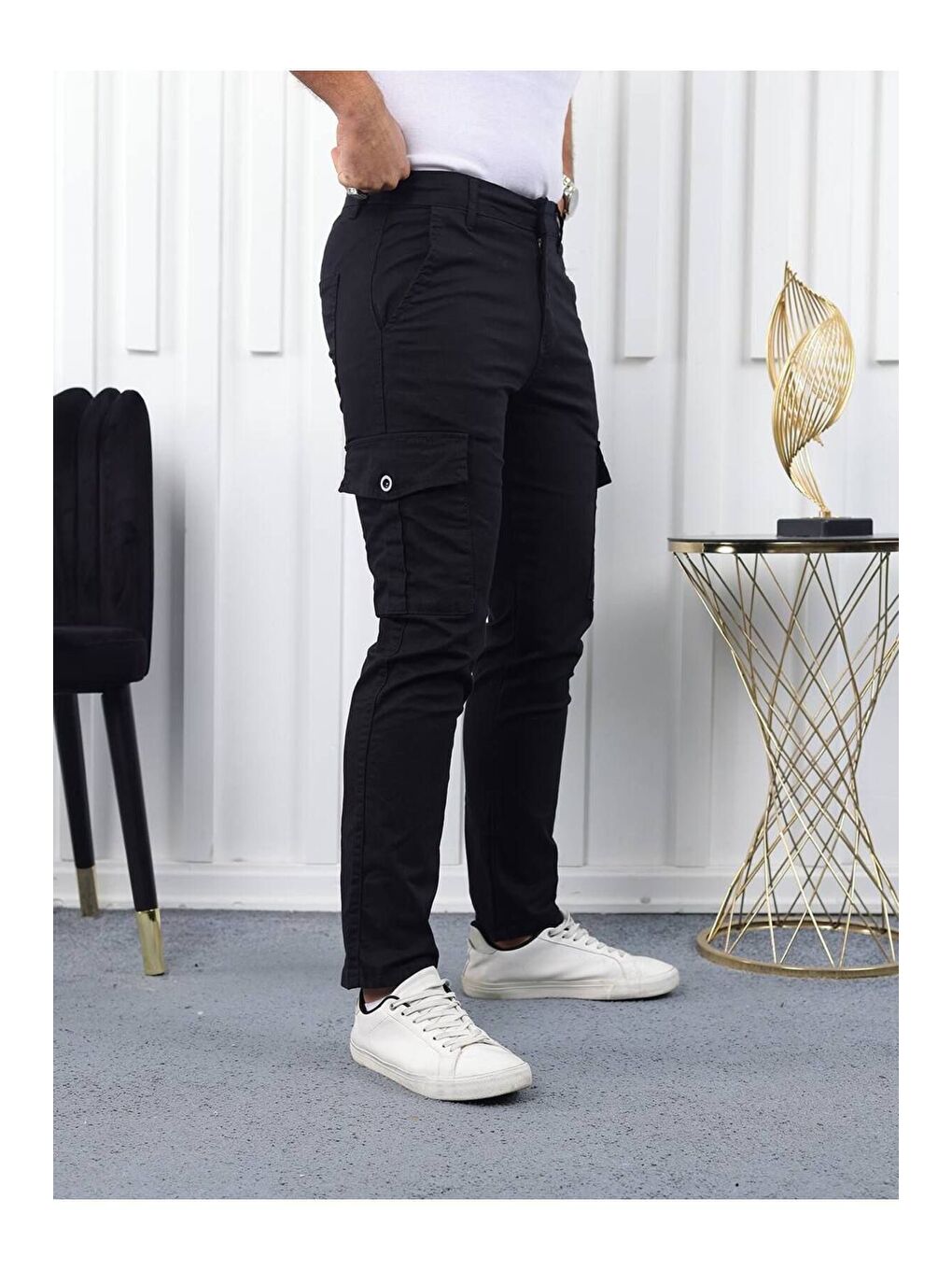 Siyah ERKEK KÖRÜKLÜ JOGGER PAÇA LASTİKSİZ PANTOLON-4