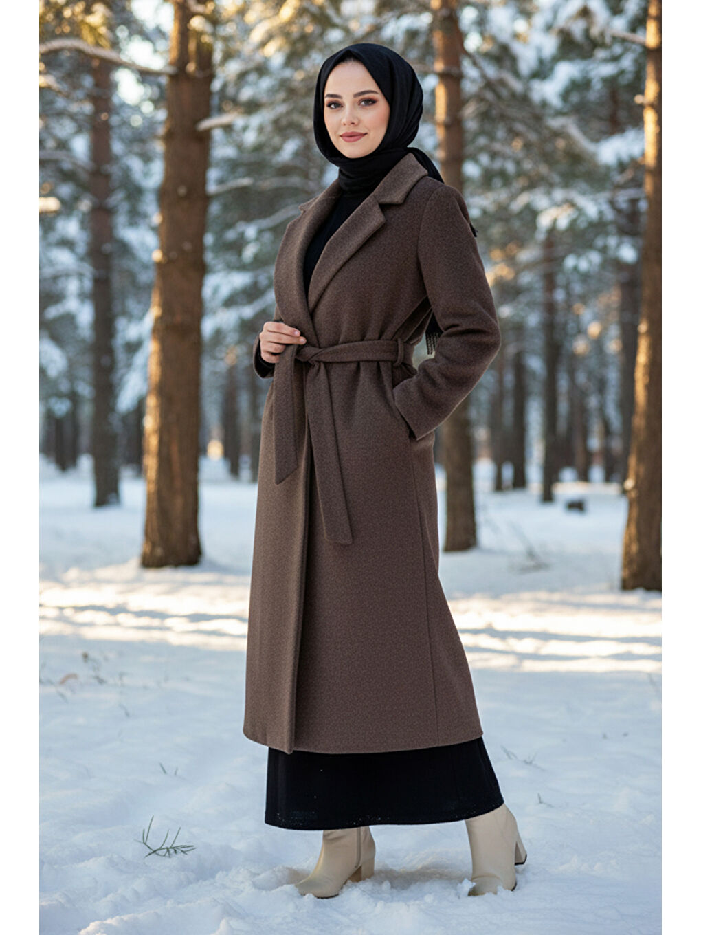 Kadın Kuşak Detay Kaşe Kaban 14334 Kahverengi