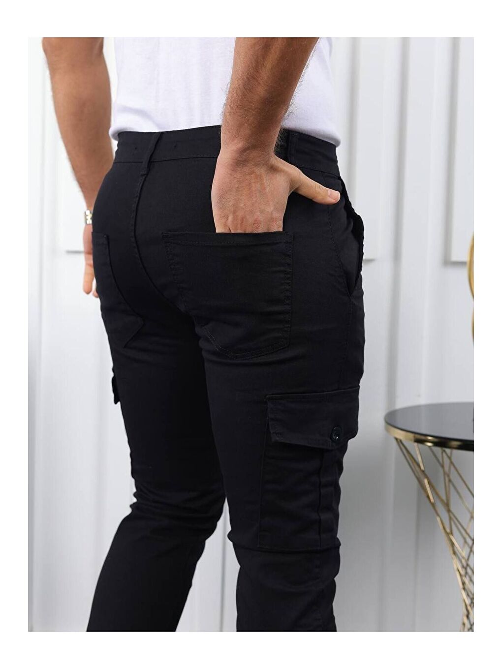 Siyah ERKEK KÖRÜKLÜ JOGGER PAÇA LASTİKSİZ PANTOLON-5