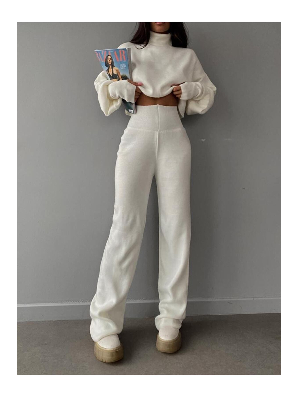 Beyaz Balıkçı Yaka Parmak Geçirmeli Alt Üst Triko Takım-4