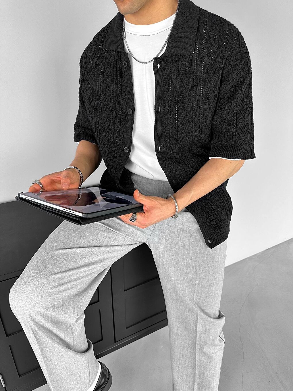 Oversize Desenli Örme Gömlek Siyah-1