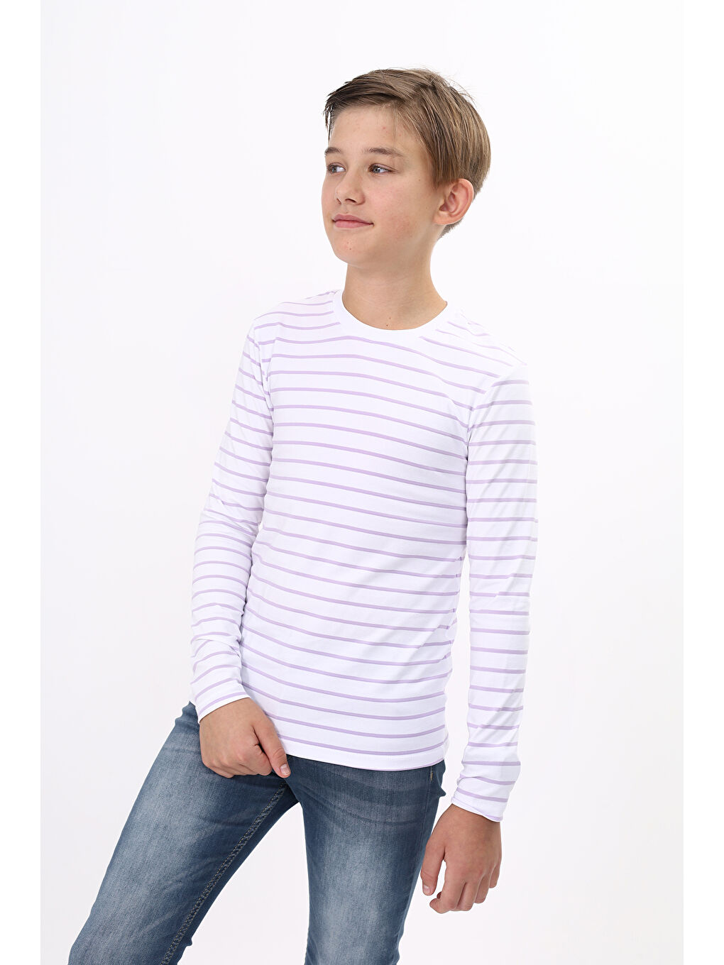 Lila Unisex Çocuk Çizgili Tişört