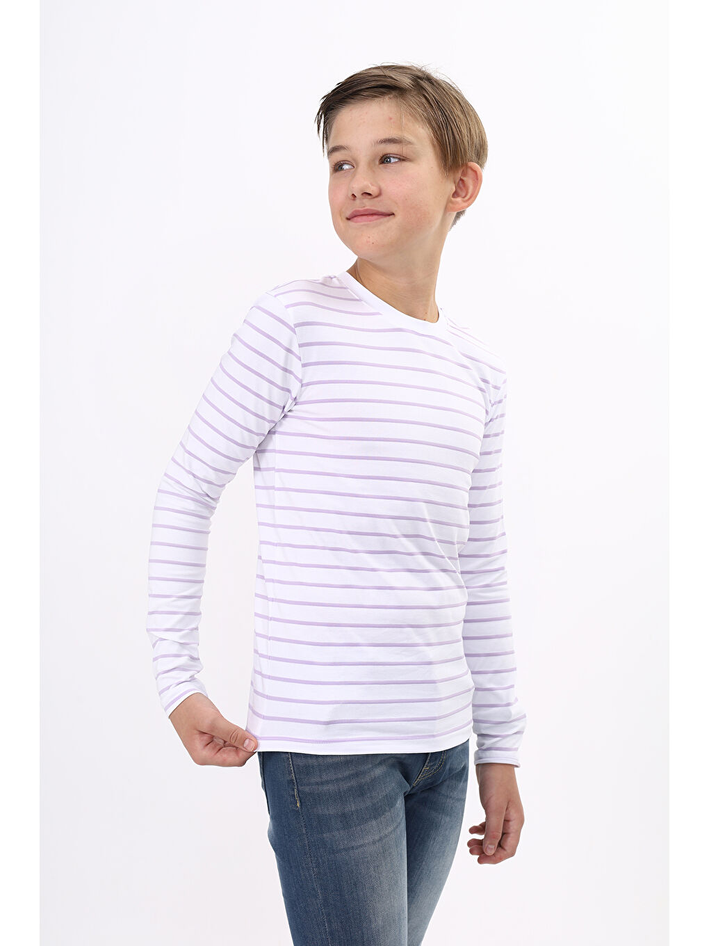 Lila Unisex Çocuk Çizgili Tişört-1
