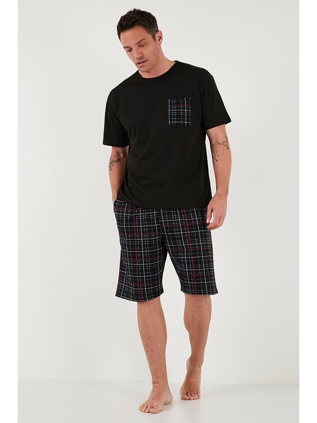 Siyah Kareli Regular Fit Pamuklu Bisiklet Yaka Kısa Kollu Şortlu Pijama Takımı 6572020-5