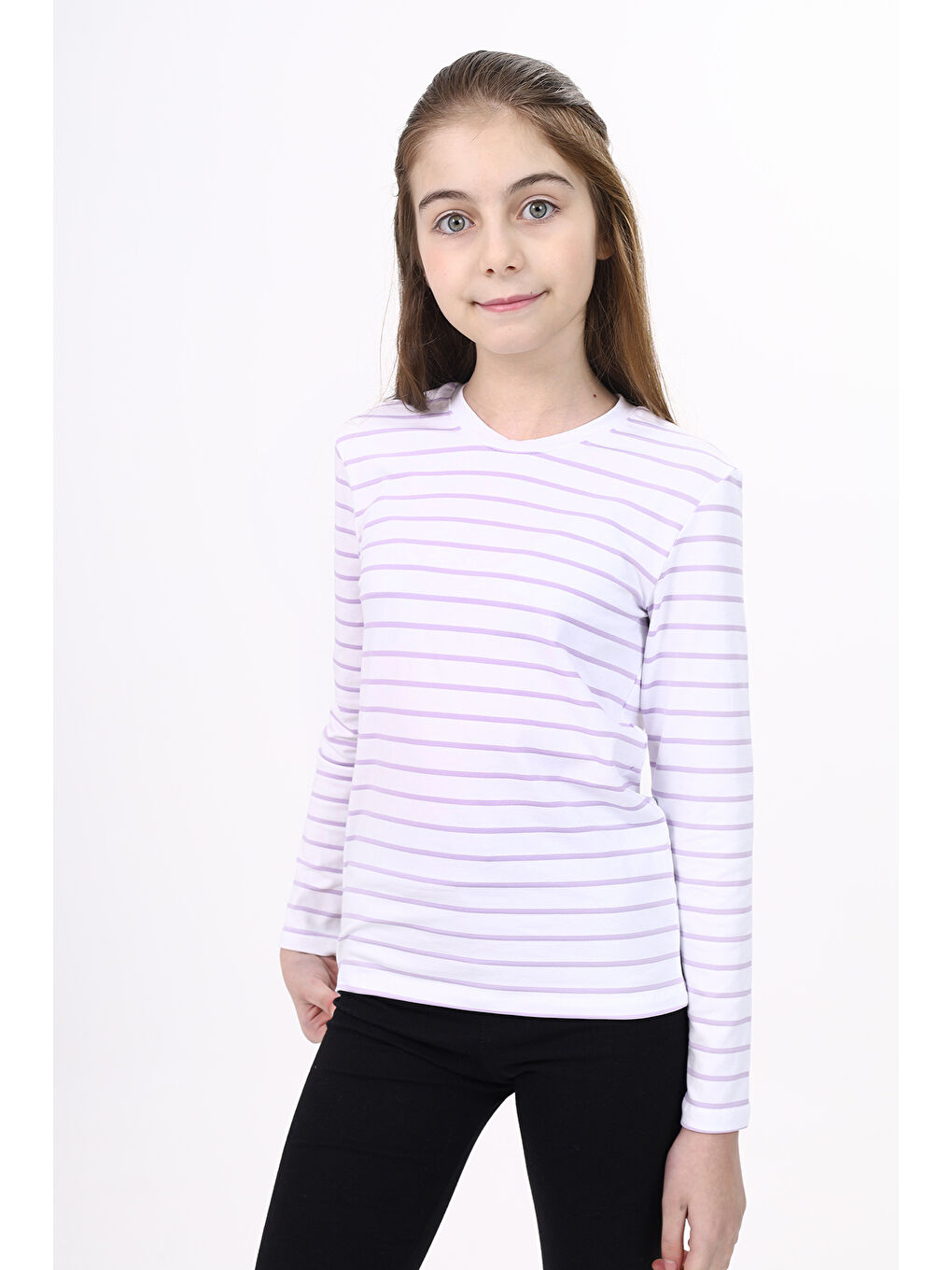 Lila Unisex Çocuk Çizgili Tişört-3