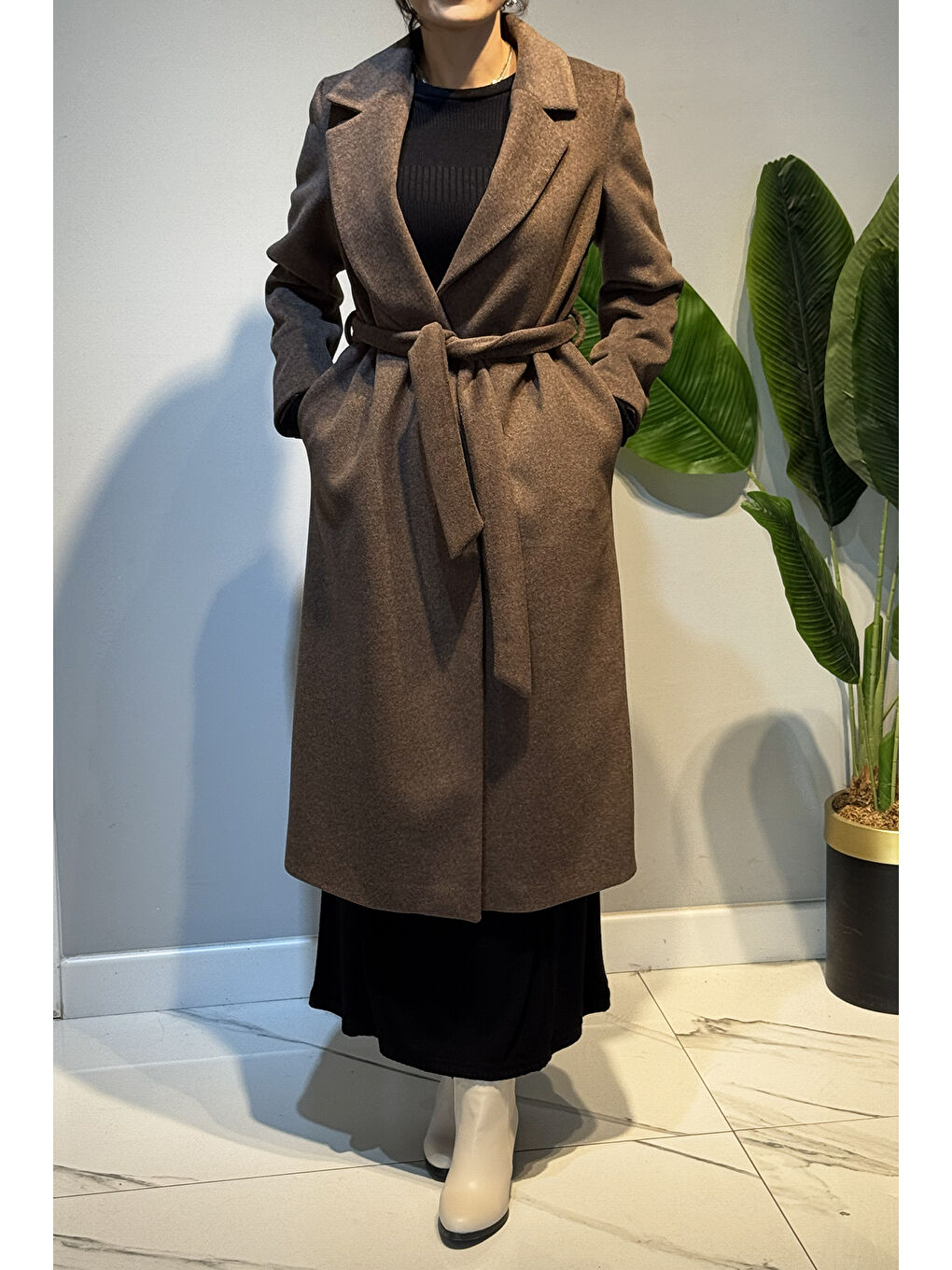 Kadın Kuşak Detay Kaşe Kaban 14334 Kahverengi-1