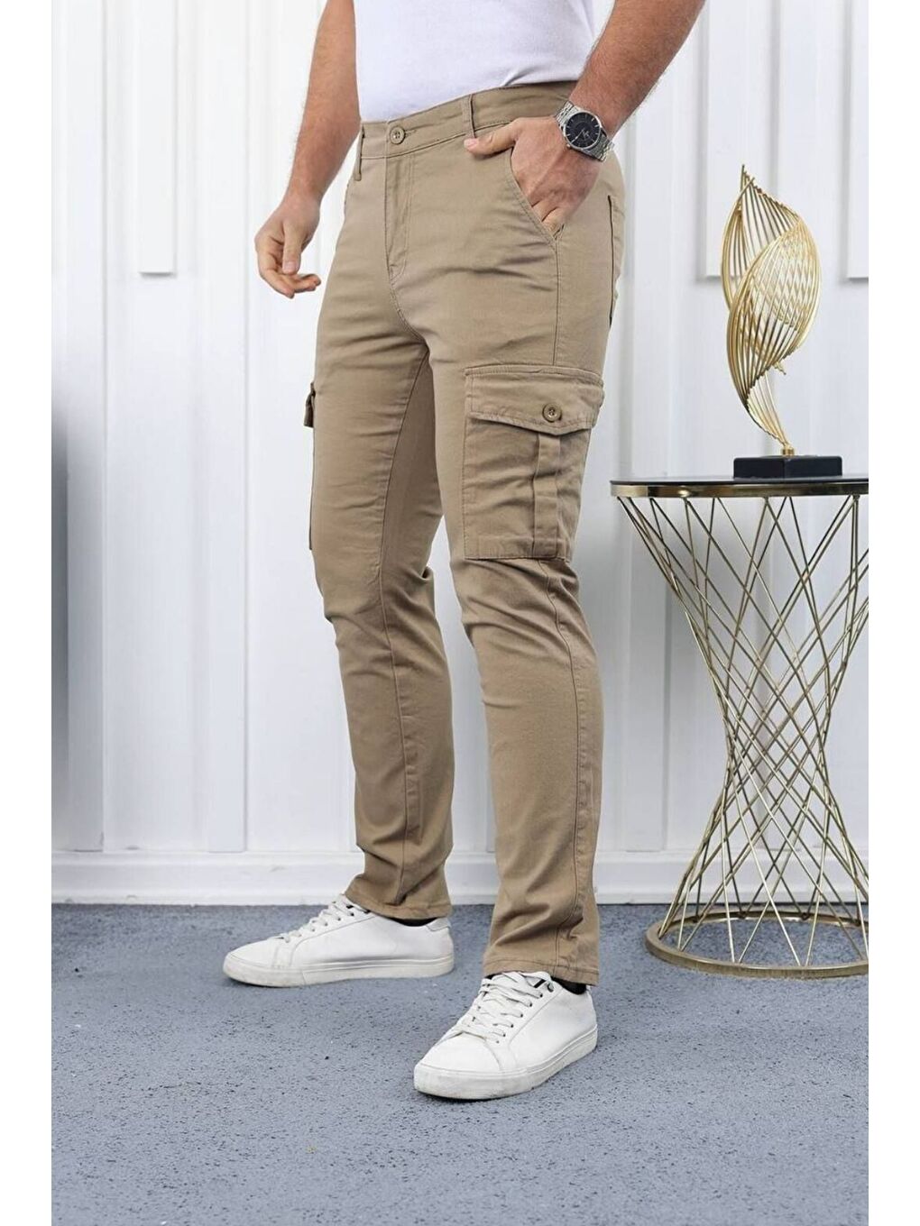 Bej ERKEK KÖRÜKLÜ JOGGER PAÇA LASTİKSİZ PANTOLON