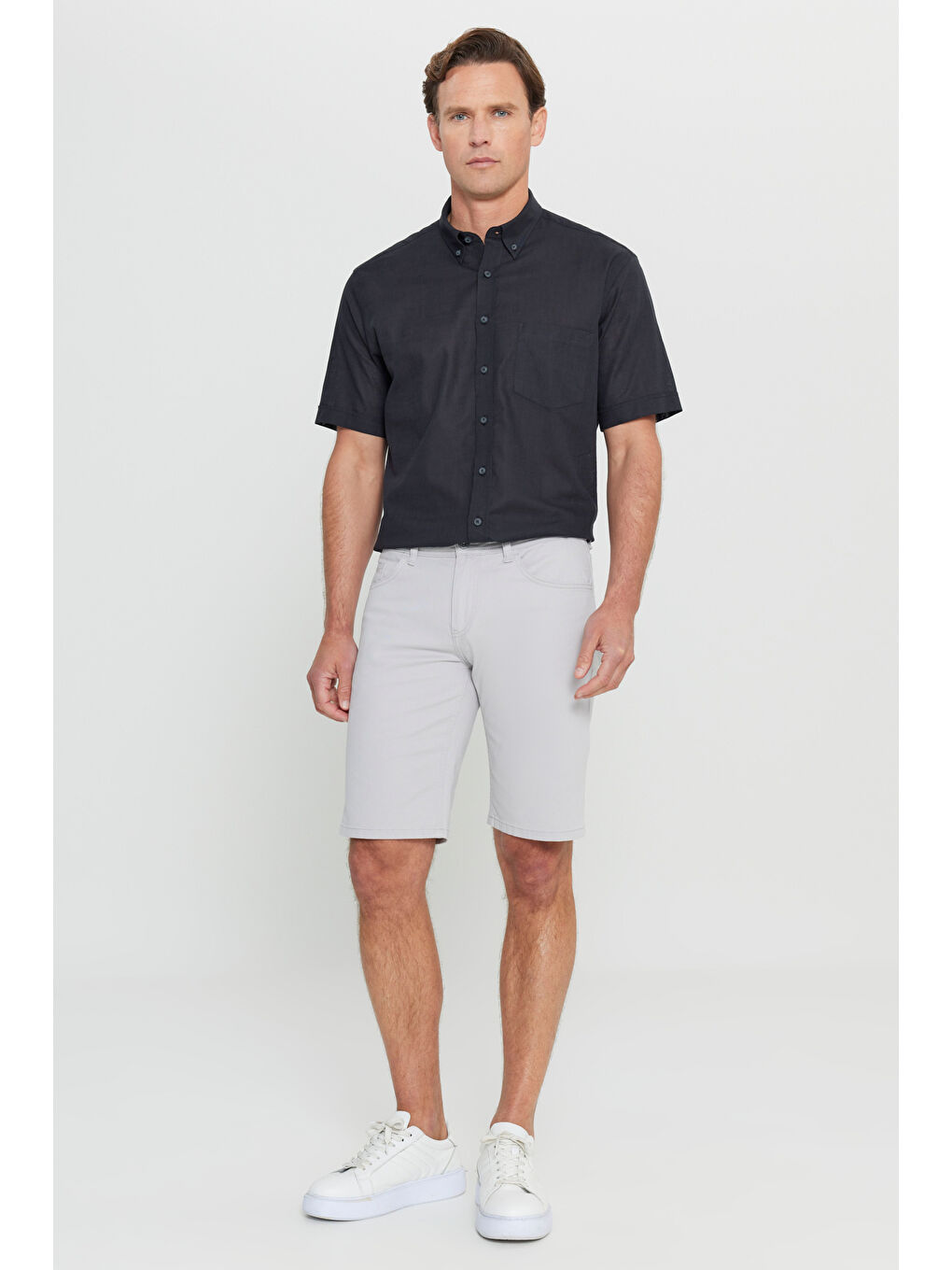 Bej Erkek Taş Slim Fit Dar Kesim Armürlü %100 Pamuk Casual Chino Şort-1