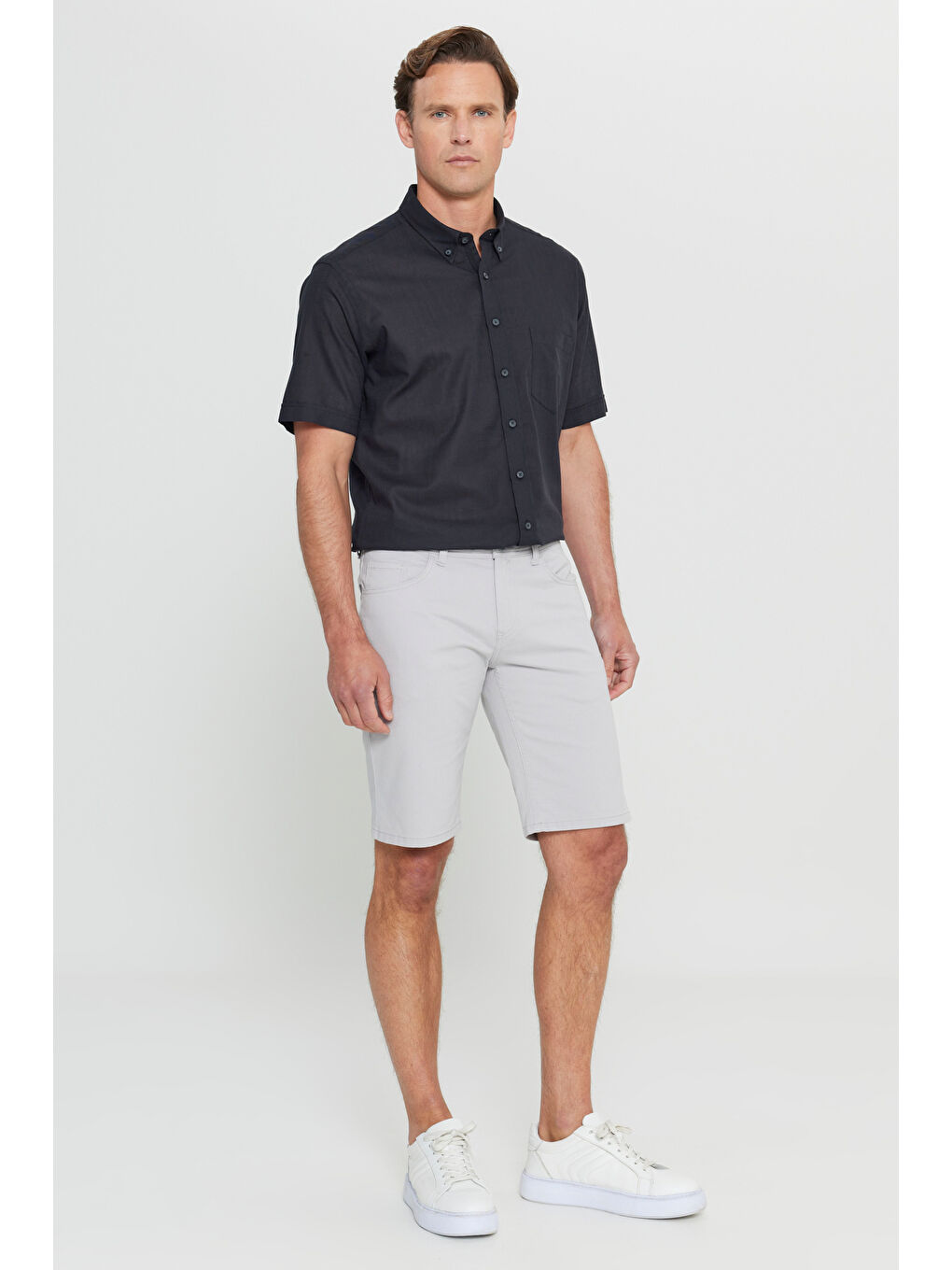 Bej Erkek Taş Slim Fit Dar Kesim Armürlü %100 Pamuk Casual Chino Şort-2