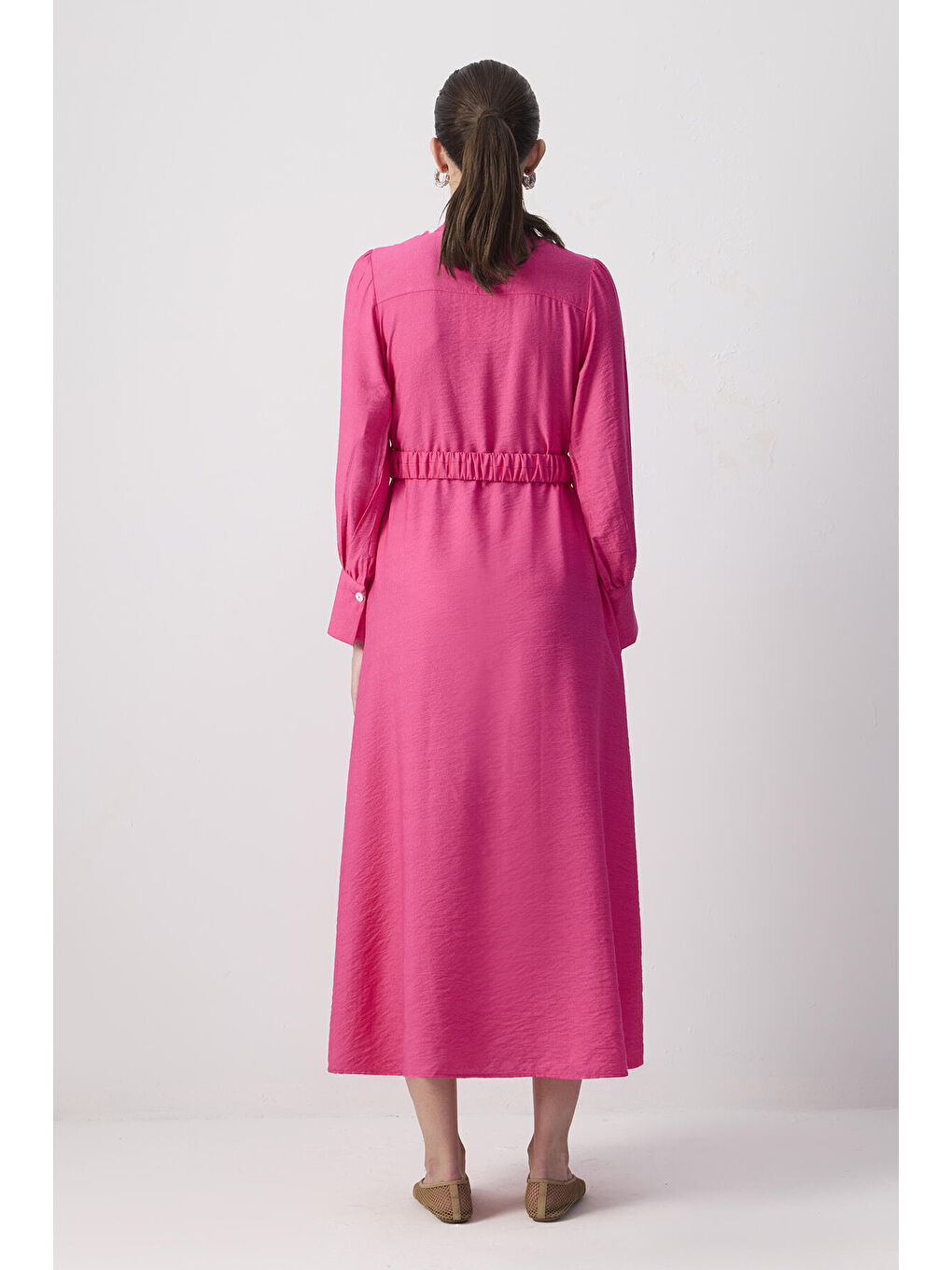 Fuşya Kemerli Viskon Elbise-5