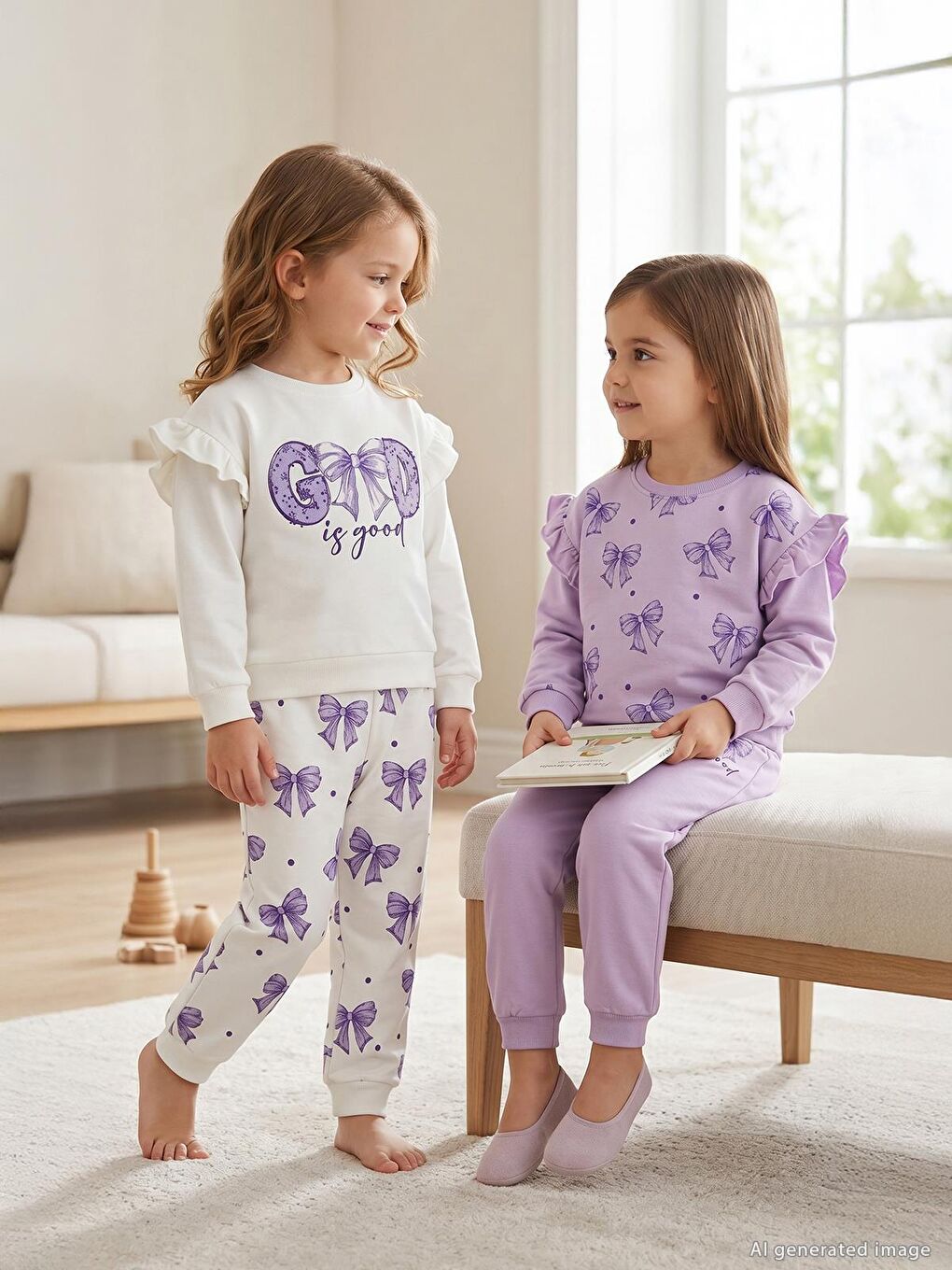 Beyaz Girls Fiyonk Baskılı 2'li Set 2-5 Yaş Takım - Standart