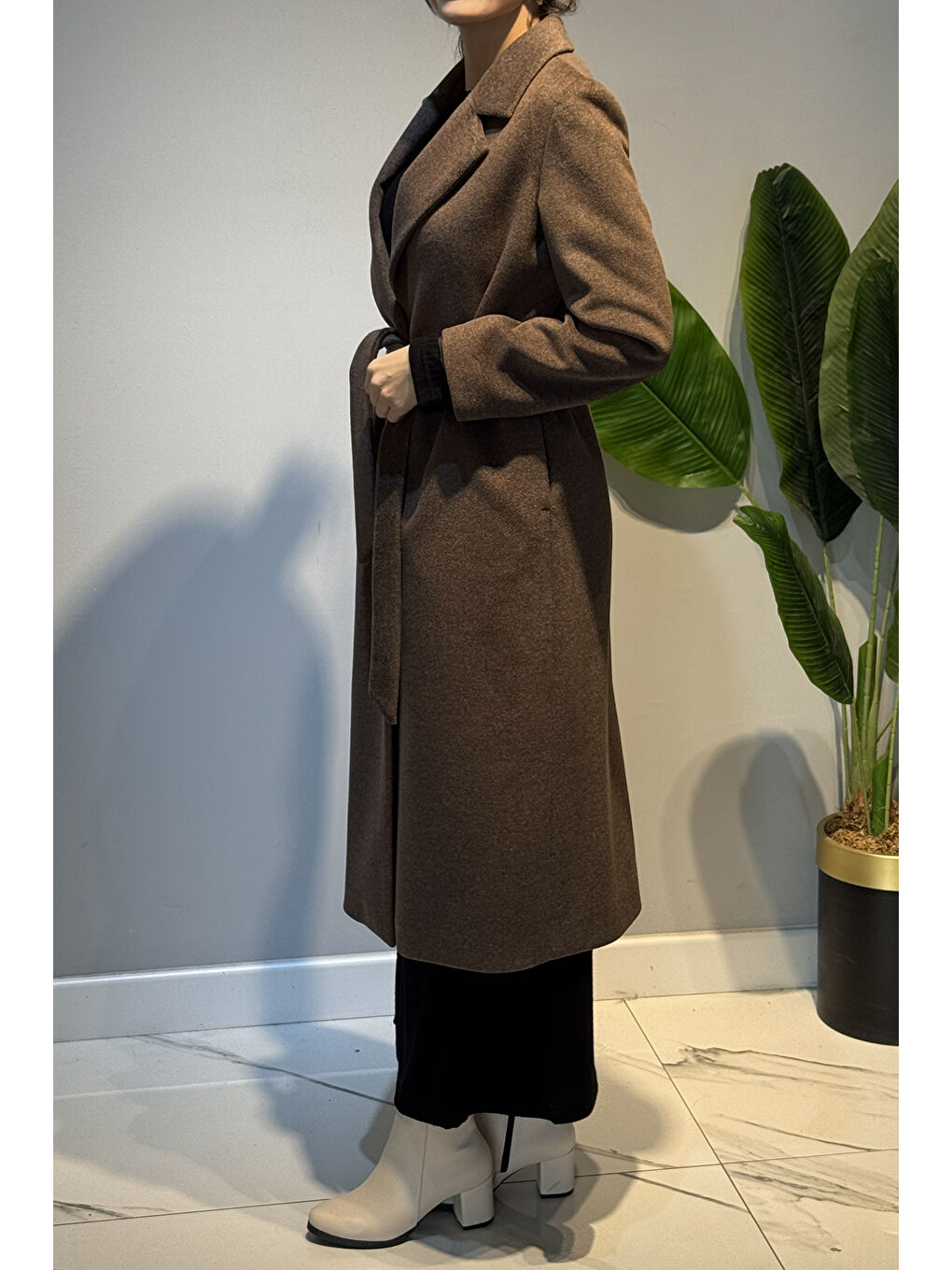 Kadın Kuşak Detay Kaşe Kaban 14334 Kahverengi-2