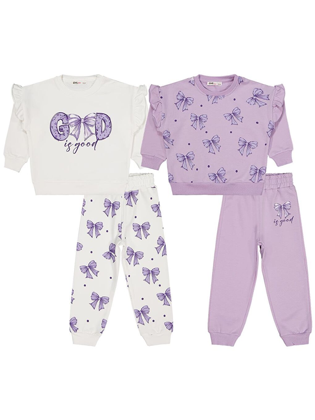 Beyaz Girls Fiyonk Baskılı 2'li Set 2-5 Yaş Takım - Standart-1