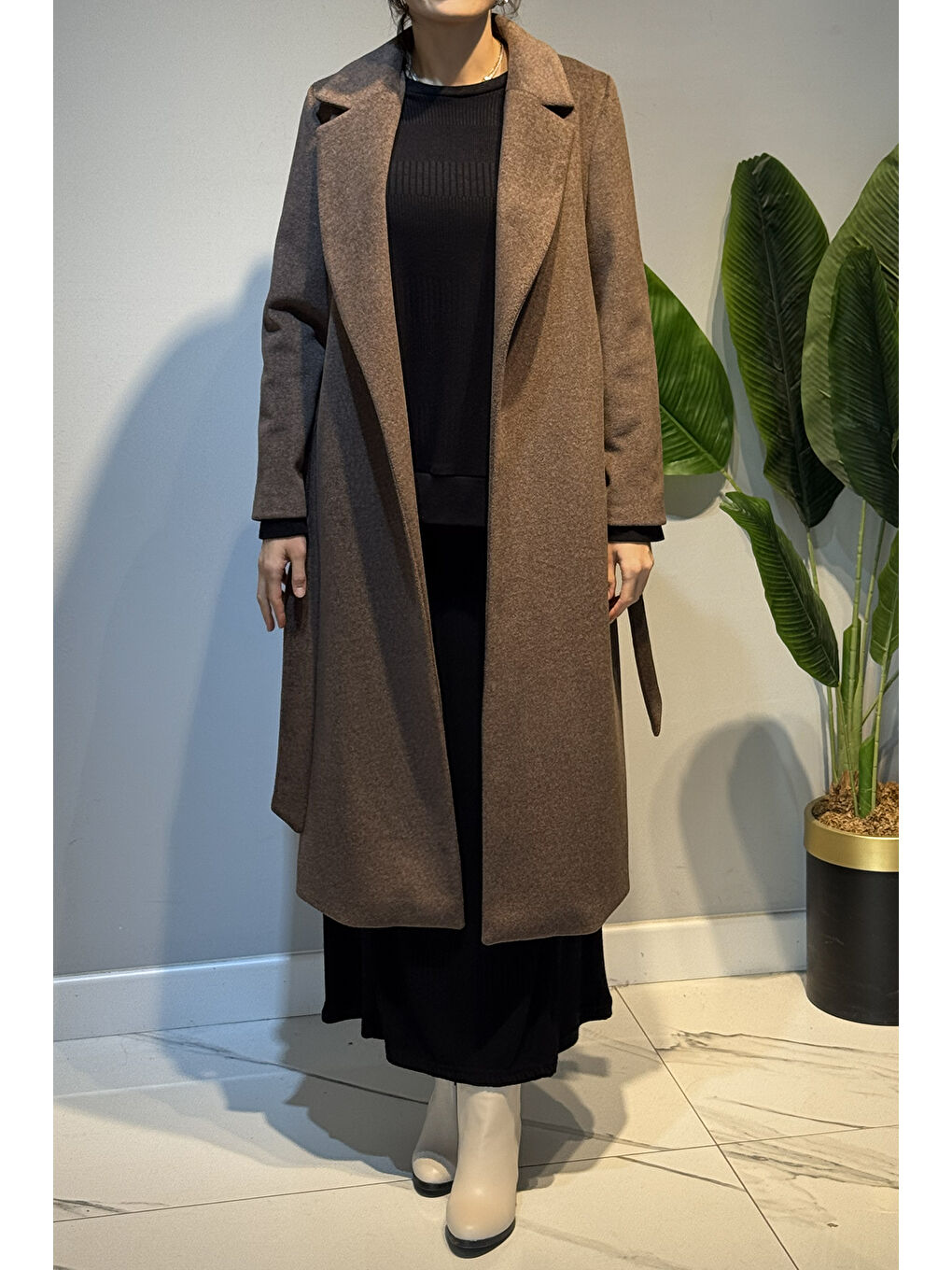 Kadın Kuşak Detay Kaşe Kaban 14334 Kahverengi-4