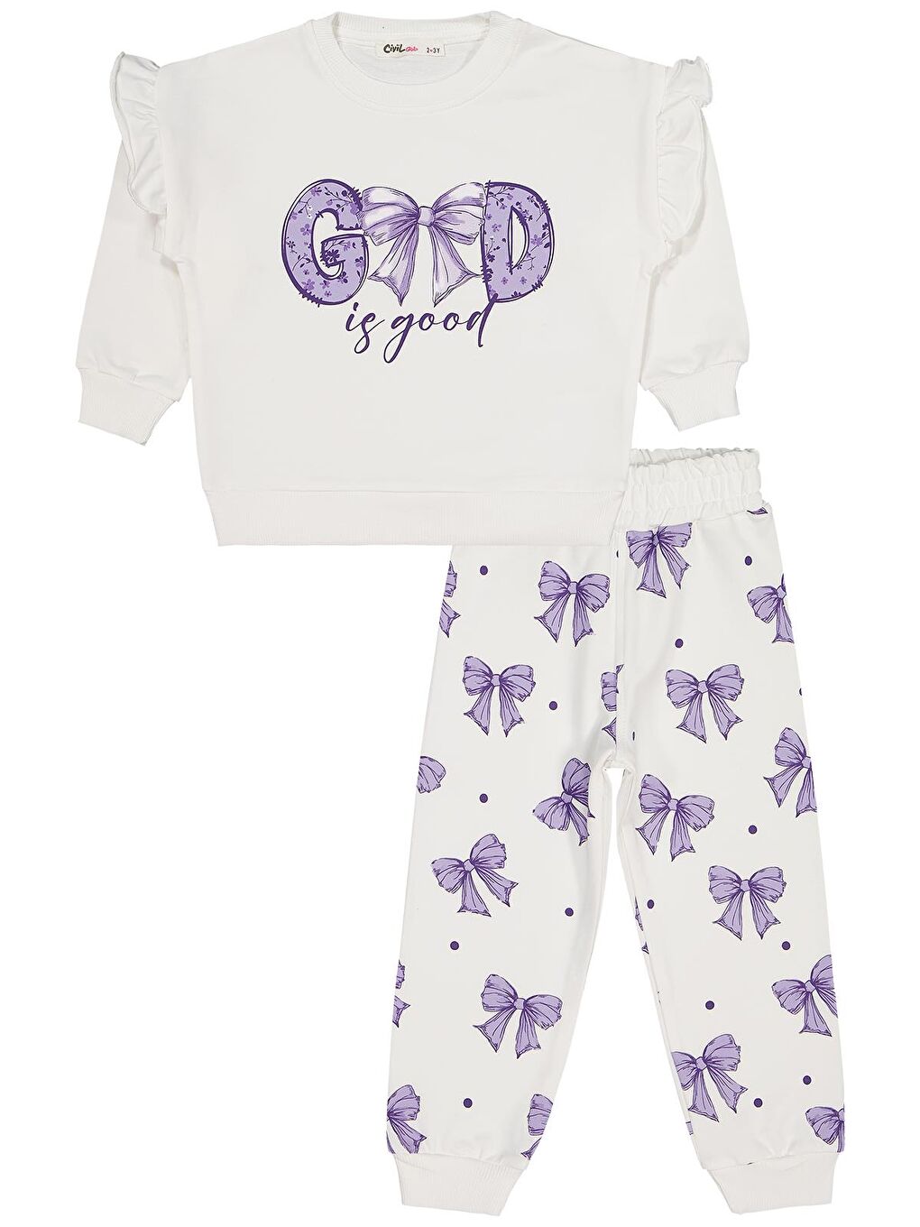 Beyaz Girls Fiyonk Baskılı 2'li Set 2-5 Yaş Takım - Standart-3