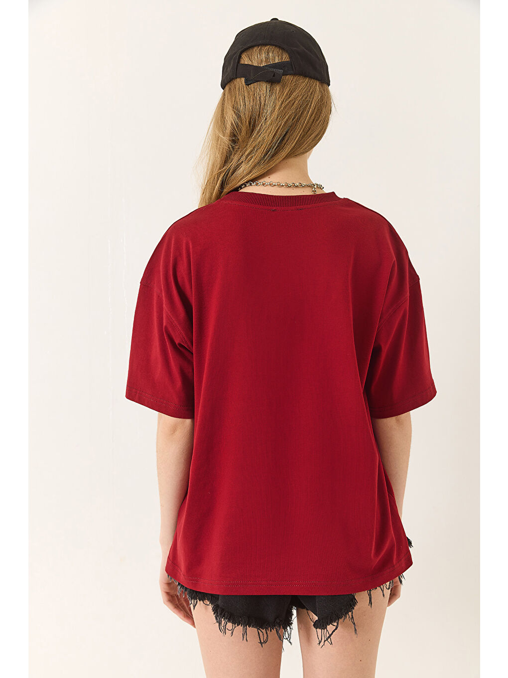 Bordo Kadın % Organik Pamuk Relaxed Fit Yırtmaçlı Yuvarlak Yakalı T-Shirt-7