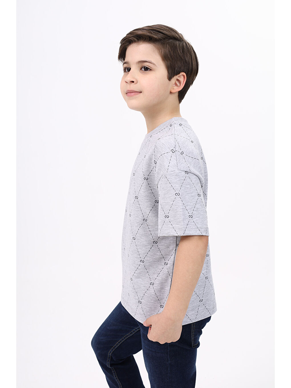 Gri Unisex Çocuk Baskılı Tişört-1
