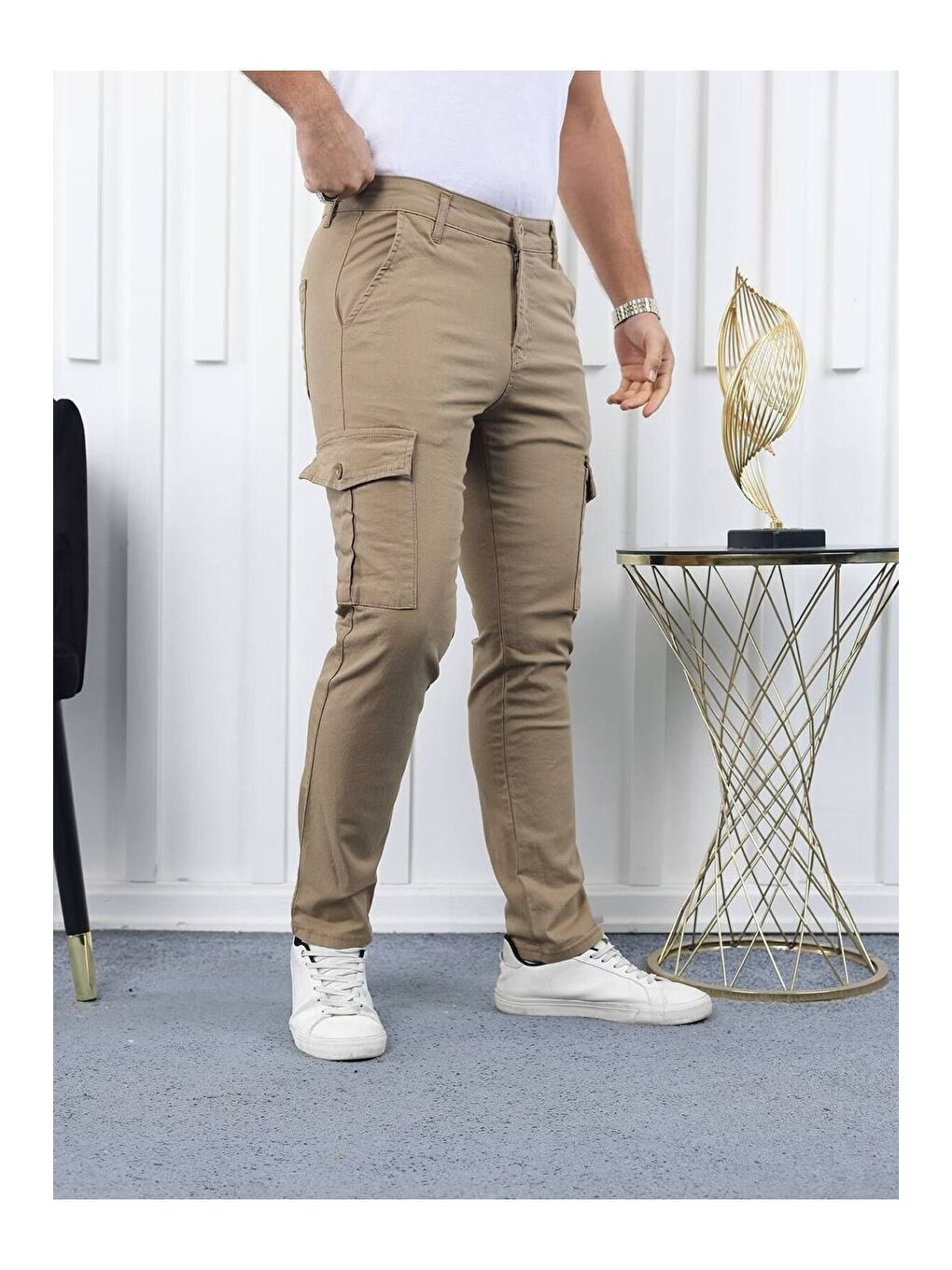 Bej ERKEK KÖRÜKLÜ JOGGER PAÇA LASTİKSİZ PANTOLON-4